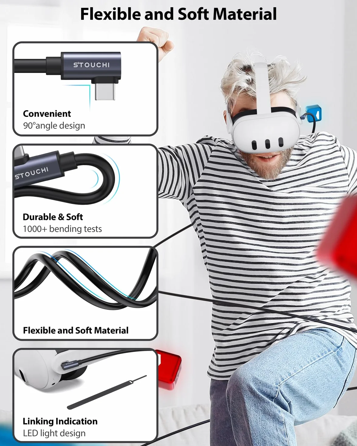 Kabel łączący 5 m do Meta/Oculus Quest2/Pro, PICO 4, PC/Steam VR, szybkie ładowanie USB 3.0