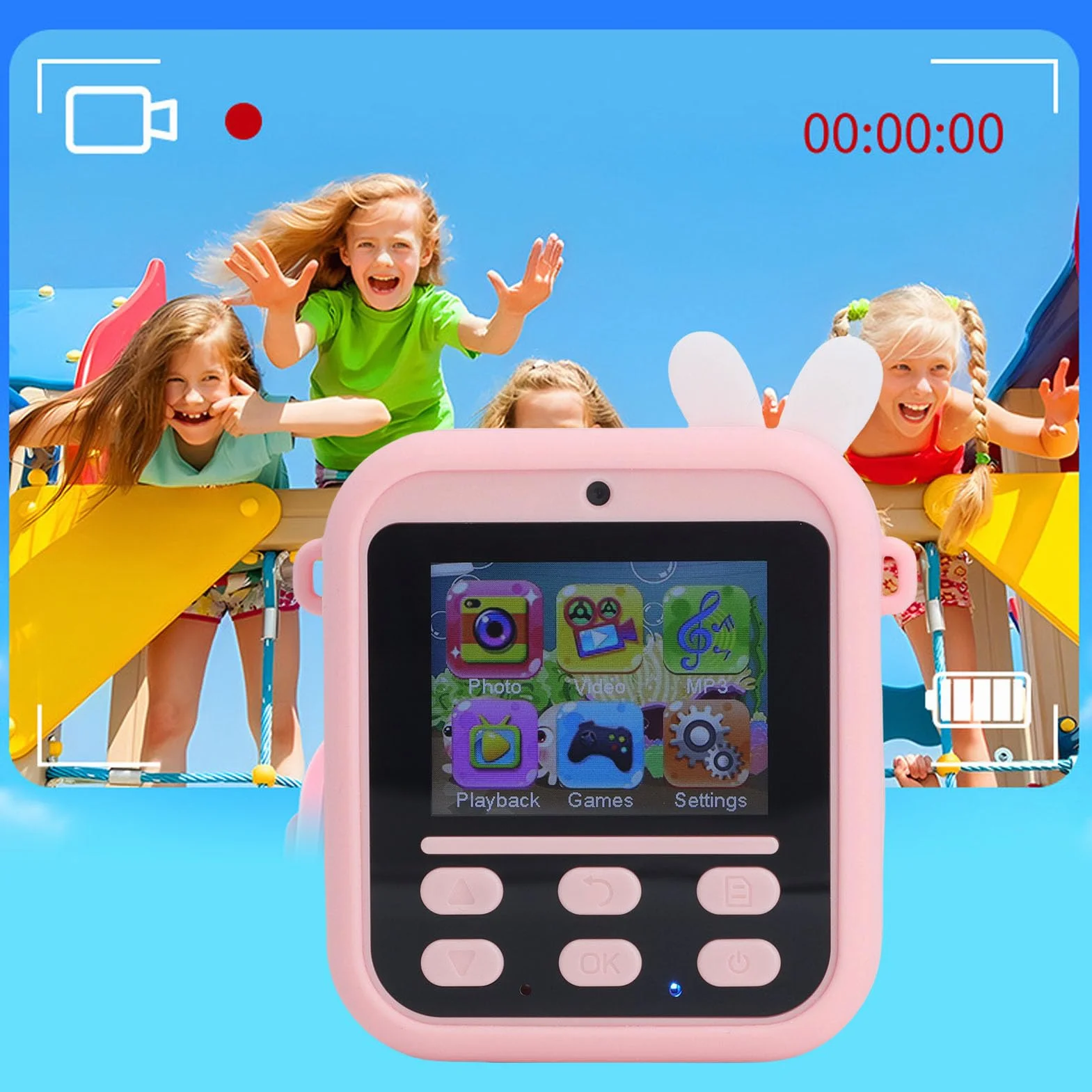 Denash Kamera dla Dzieci 48MP Podwójny Obiektyw 16x Zoom 2,4-calowy Ekran Full HD Nagrywanie Wideo Różowy królik