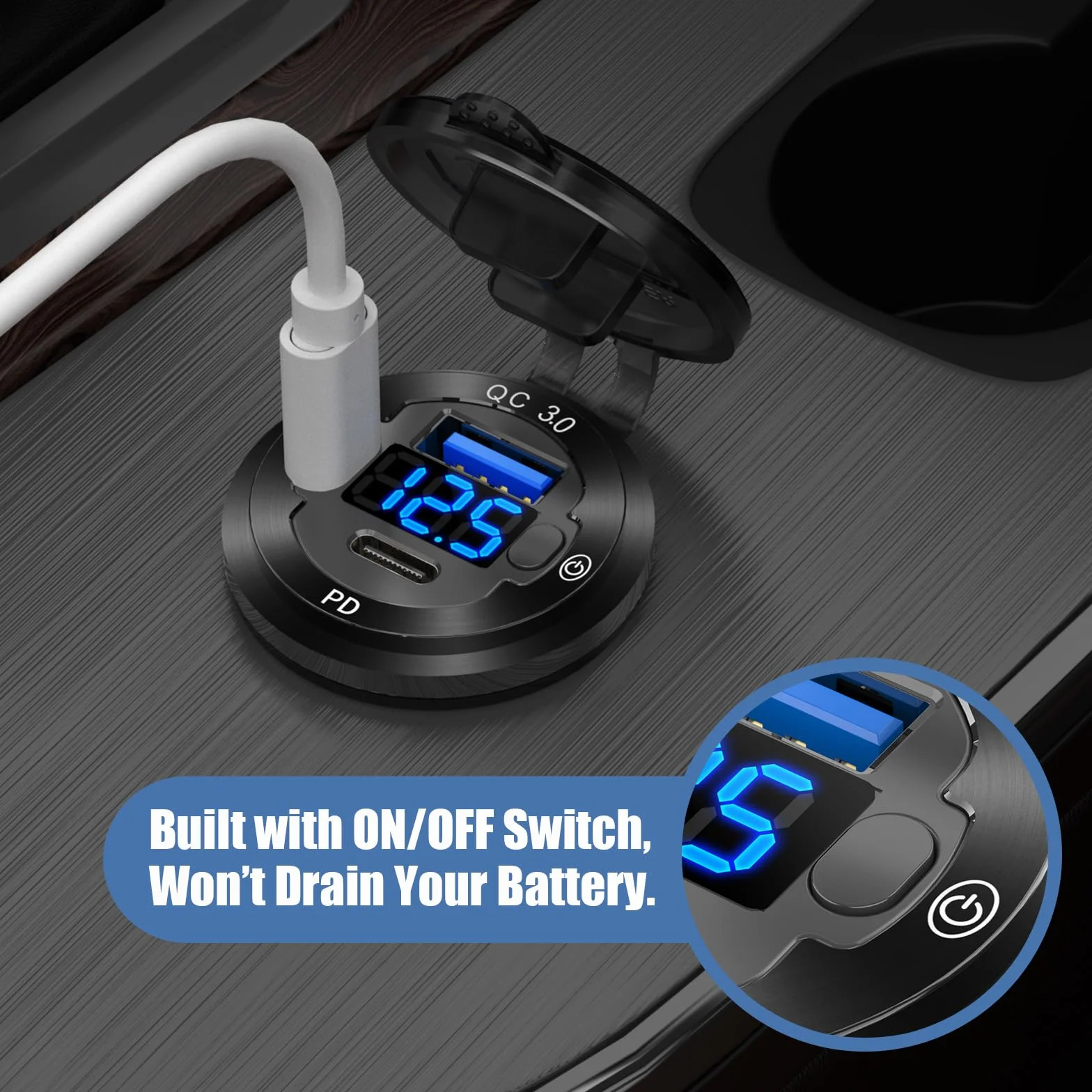 2-pak 12 V USB gniazdo samochodowe okrągłe gniazdo USB C 12 V, 3-portowa szybka ładowarka morska, wodoodporna, zamiennik gniazda papierosowego, aluminium, z przełącznikiem i woltomierzem, odpowiednie
