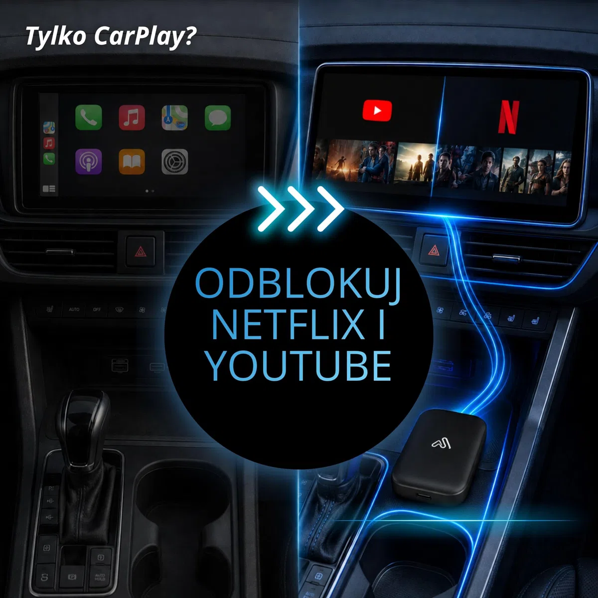 AutoSky Bezprzewodowe CarPlay i Android Auto AI Box Lite do fabrycznych przewodowych samochodów CarPlay - obsługuje Netflix YouTube i Gmail - Go Wireless ze wszystkimi funkcjami Wired CarPlay i