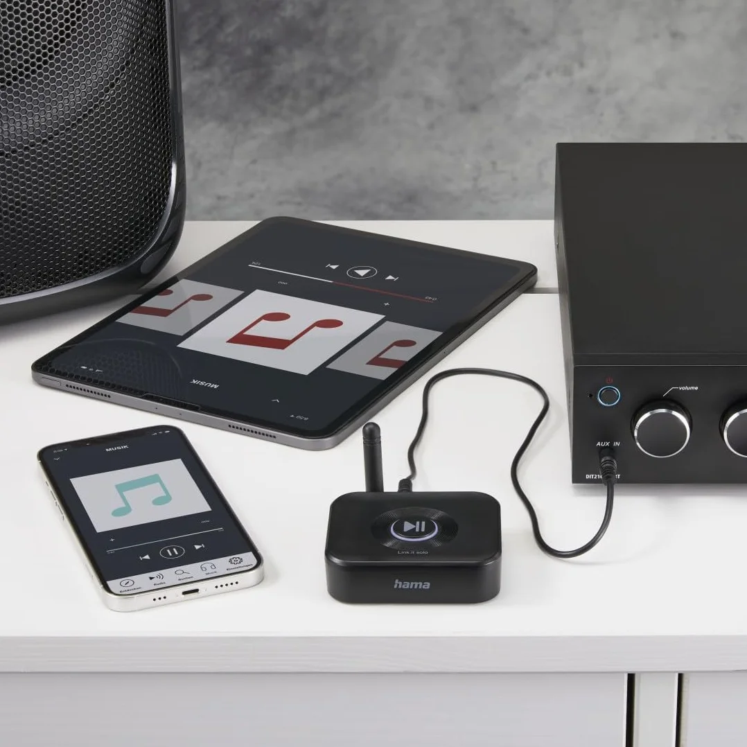 Hama Adapter Transmitter Bluetooth 5.3 z Minijackiem do Systemów HiFi, Obsługa 2 Urządzeń i Karty MicroSD, Zasilanie USB, Czarny