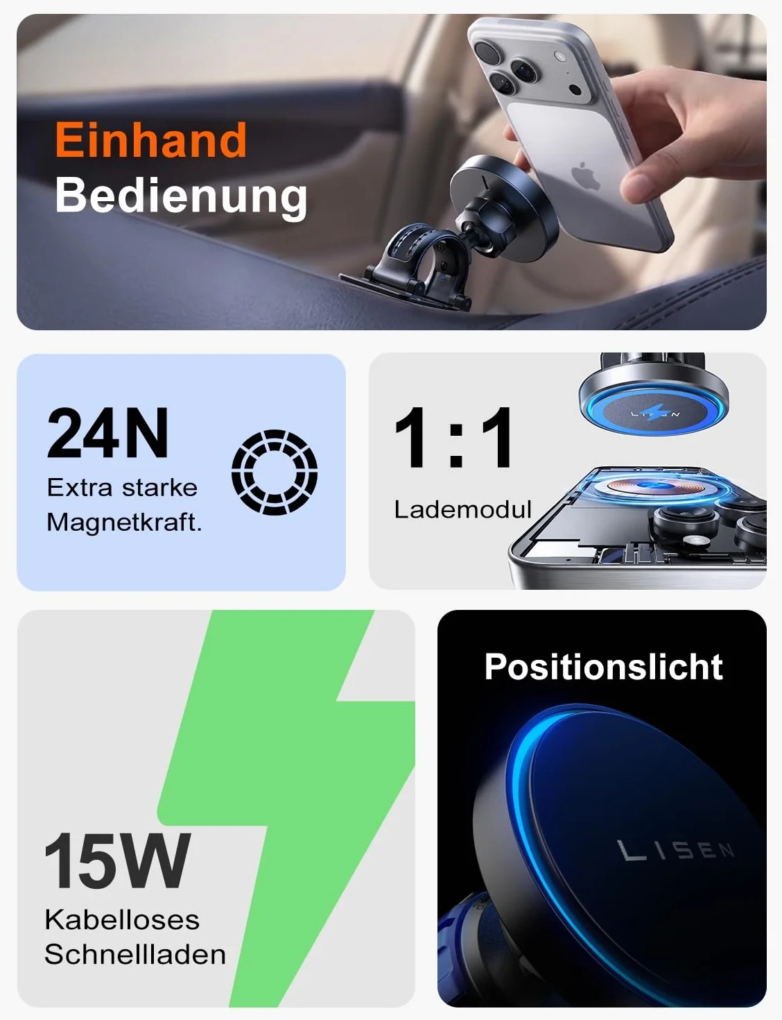 LISEN Magsafe uchwyt samochodowy na telefon komórkowy 15 W, funkcja szybkiego ładowania indukcyjnego, kompatybilny z MagSafe Fast Wireless Charger Auto, do iPhone 16 15 14 Pro Max, iPad, Samsung