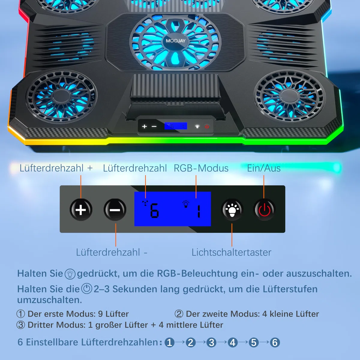 podkładka chłodząca do laptopa z 9 cichymi wentylatorami do notebooków 14-19", stojak chłodzący do gier z 6 regulowanymi prędkościami wentylatora, 10 trybów światła RGB, 2 porty USB i uchwyt na