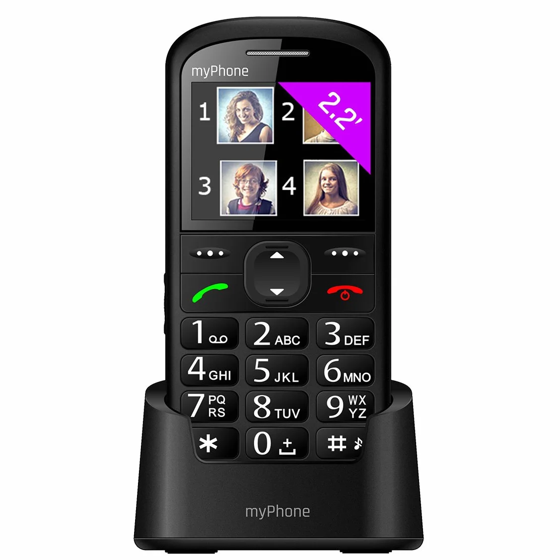 myPhone Halo 2 klasyczny telefon dla seniora babci dziadka z bazą ładującą, przycisk SOS, duże klawisze, duży wyświetlacz 2,2 cala, fotokontakty, aparat, przycisk SOS - czarny