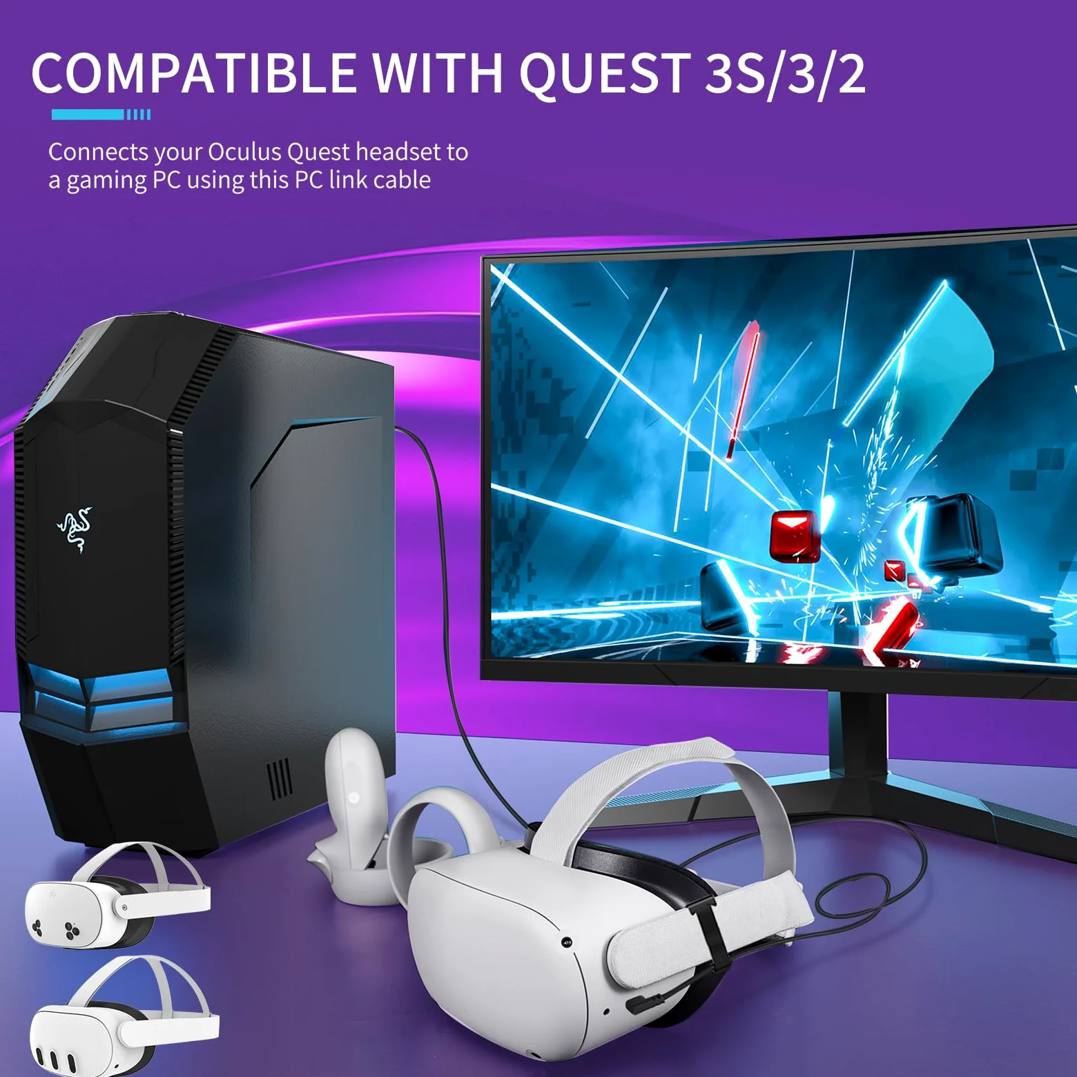 Kabel linkowy do Meta Oculus Quest 3S, Quest 3, Quest 2, kabel do szybkiego transferu danych, przewód USB 3,2 A do C