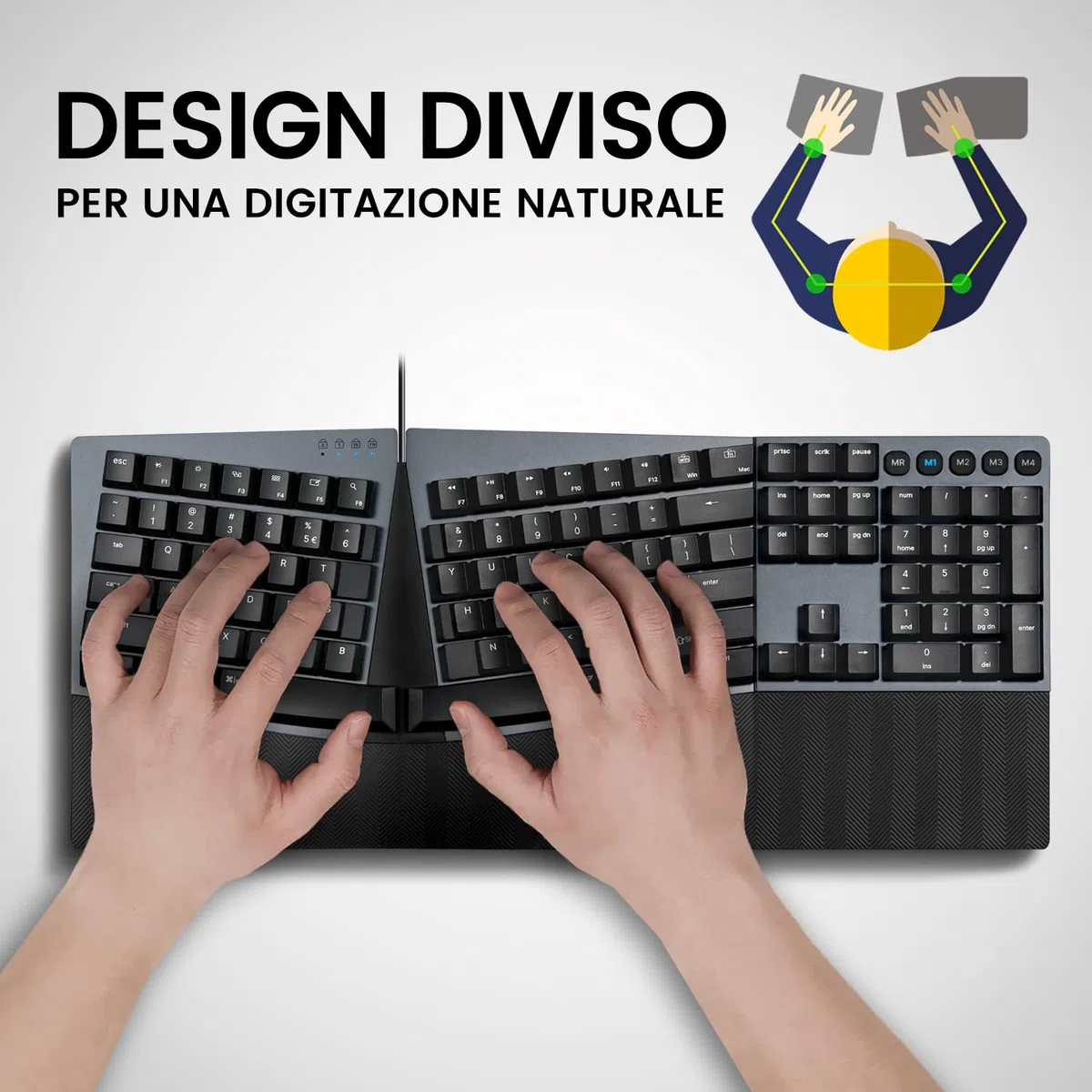 Perixx PERIBOARD-535BR ergonomiczna przewodowa klawiatura mechaniczna - brązowe klawisze dotykowe - programowalne klawisze makro - Windows i Mac OS X - układ QWERTY włoski