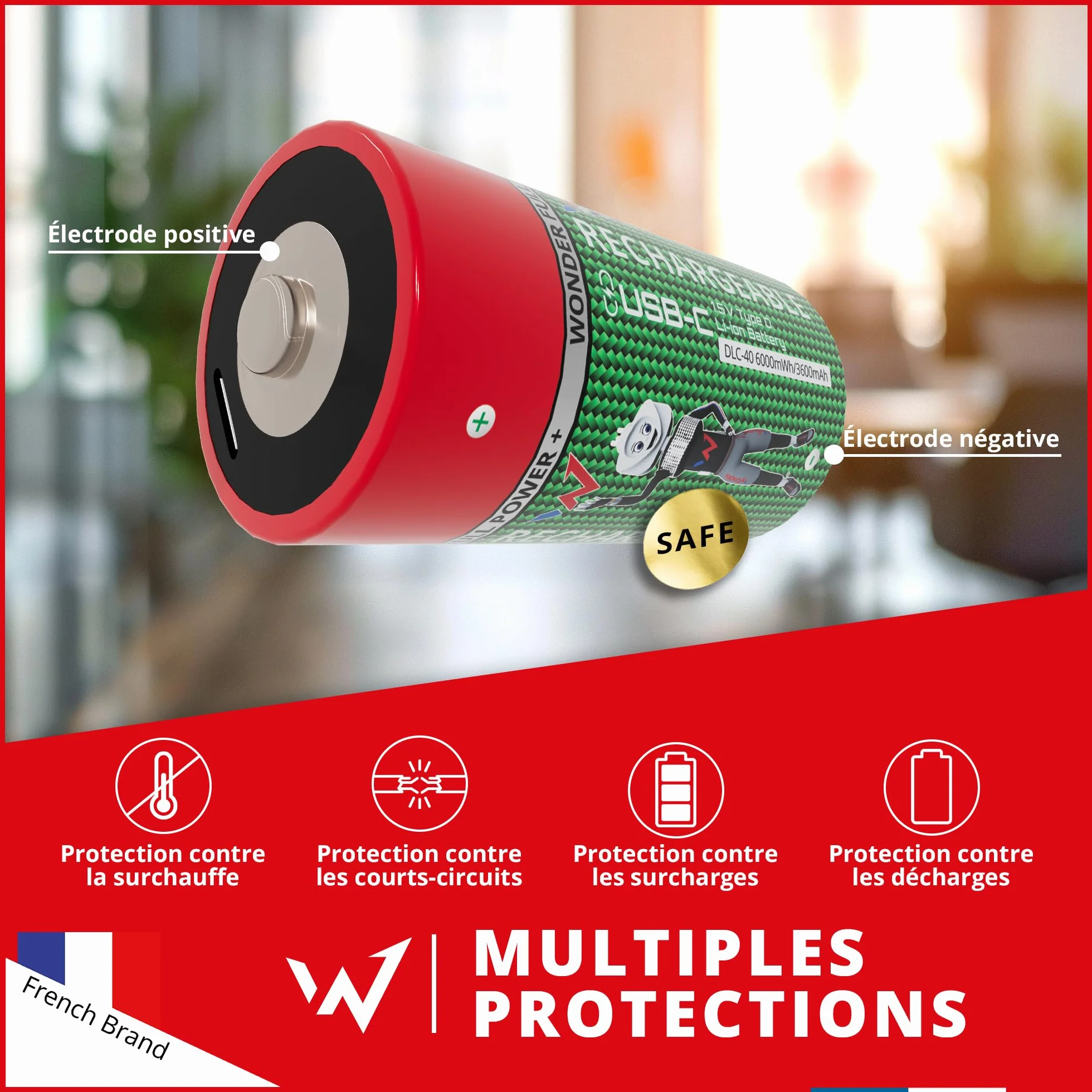Wonder Full Energy - Baterie D / LR20 - Do ładowania przez USB-C - Kabel USB-C w zestawie - Długotrwały - 1,5V, 6000mWh, 3600mAh - 2 baterie