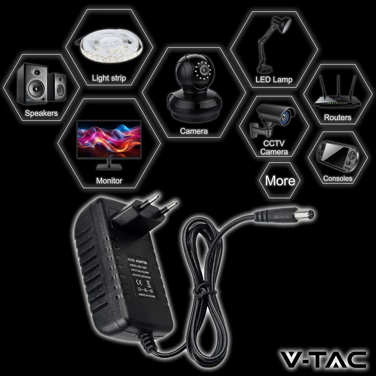 V-TAC Zasilacz 12 V 30 W 2,5 A do kamer, taśmy LED, modem - Adapter transformatora 12 V z wtyczką domową do ekranów i urządzeń elektronicznych - Wejście AC 100-240 V - 50/60 Hz