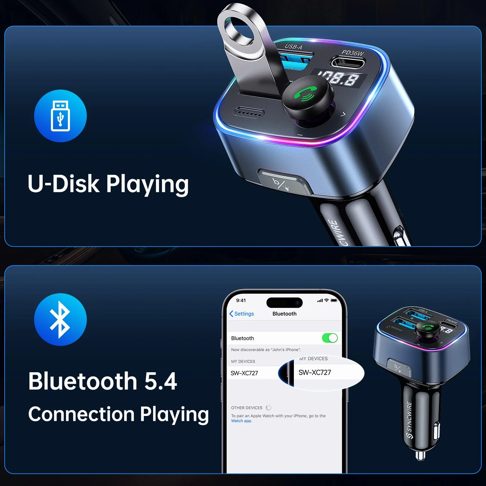 SYNCWIRE Nadajnik samochodowy Bluetooth 5.3 FM, 48 W(PD 36W i 12W) Ładowarka USB Adapter samochodowy Bezprzewodowy odbiornik radiowy, wyświetlacz LED, zestaw głośnomówiący, obsługa napędu USB 64 GB,
