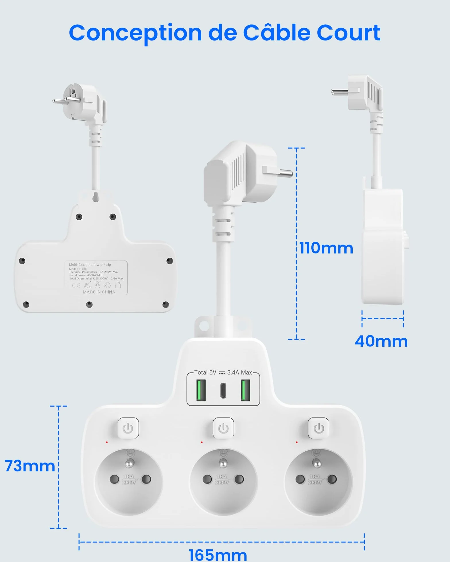 Listwa Zasilająca z Przełącznikiem 3 Gniazda 3 USB USB C Kabel 0,1 m Biały