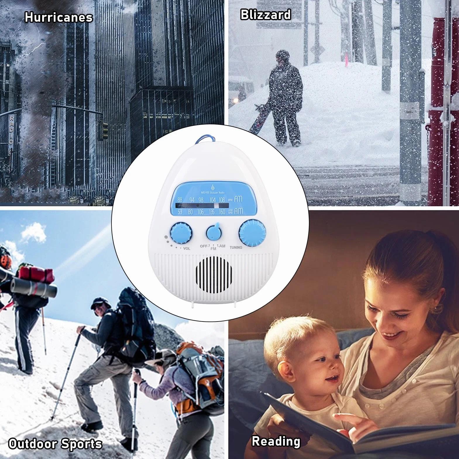 AM FM Shower Radio Wbudowany Głośnik, Wodoodporne Wiszące Radio łazienkowe z Obrotowym Pokrętłem dla łatwej Kontroli Objętości Tuningu, Mini Przenośne Radio z Akumulatorem