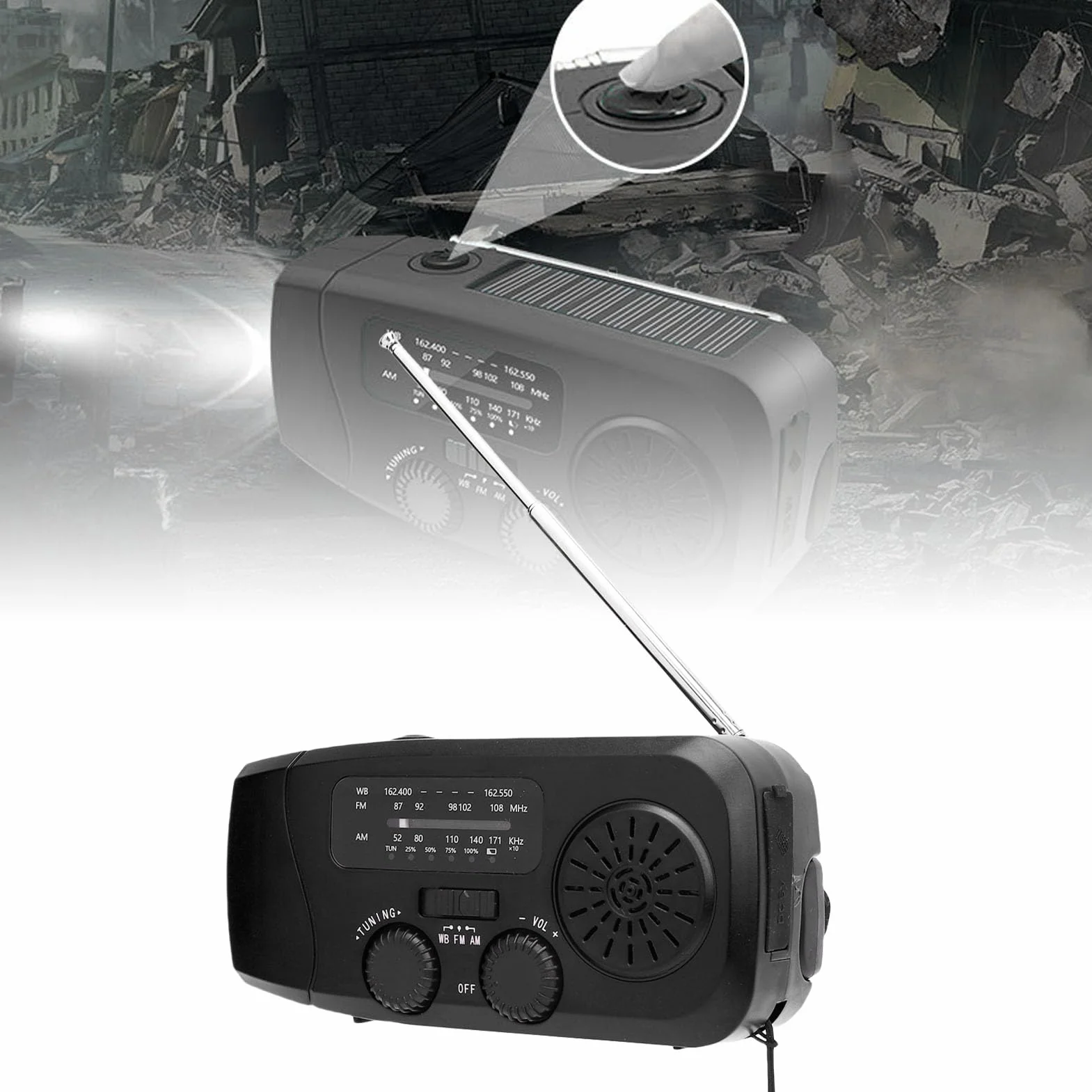 Garsent Radowe Radio Awaryjne, 2000Mah AM/FM/NOAA Solar Ręczne Radio Radiowe z 4 Latarkami LED, Funkcja SOS na Wypadek Awarii, Kemping
