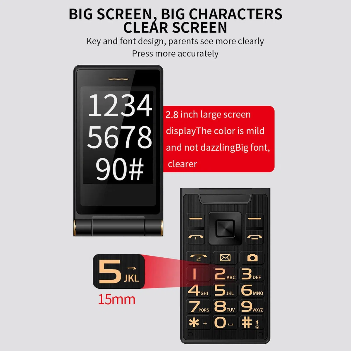 Telefon Komórkowy z klapką 2G Odblokowany, 3-calowy Podwójny DUŻY Ekran i Telefon z Przyciskami dla Seniorów, Dual SIM i 5900 MAh Duża Bateria Głośne POŁĄCZENIE Łatwy w Użyci (Złoto)