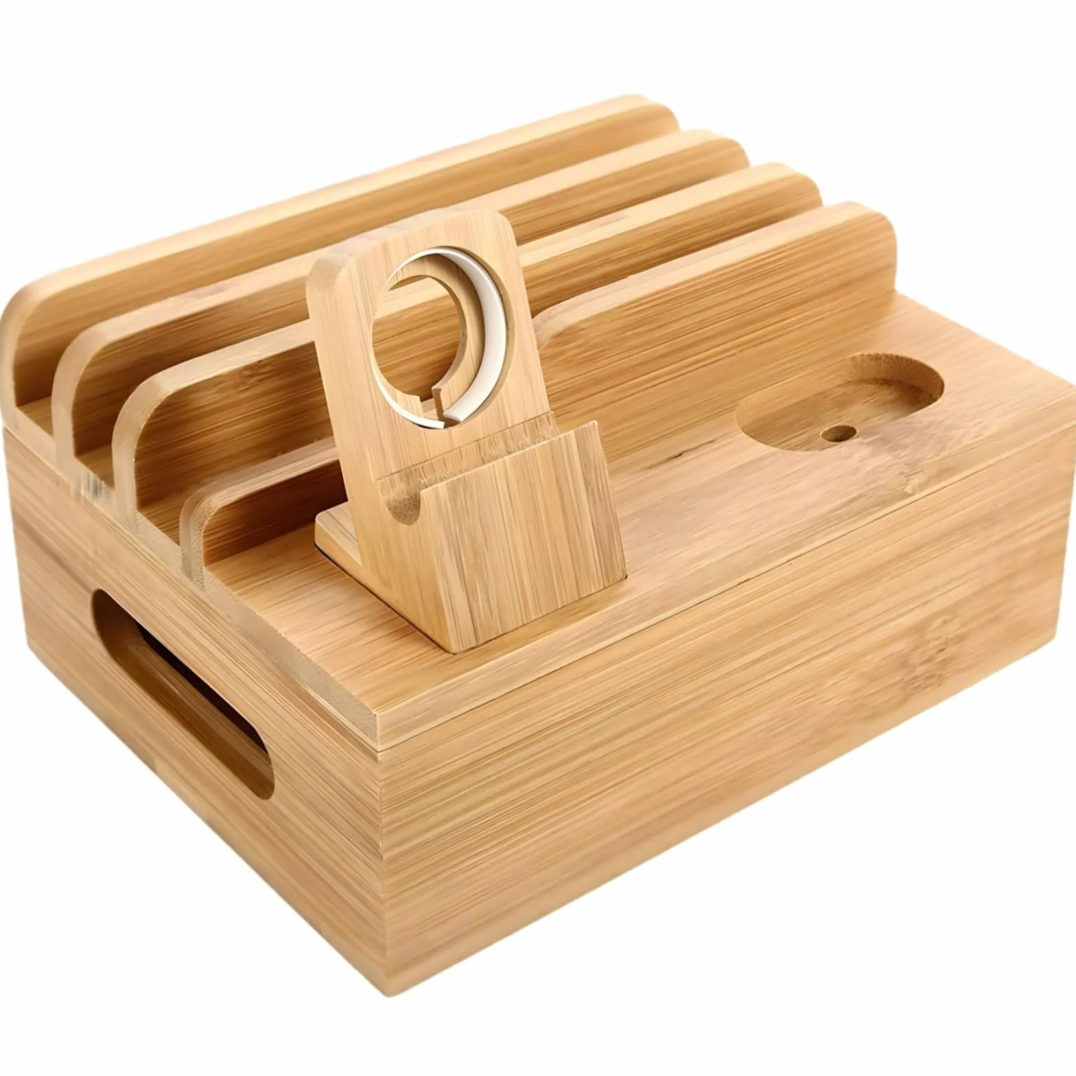 Stacja ładująca do wielu urządzeń, organizer na przewody, pomieści 8 urządzeń, 4 rowki na grube etui, odłączany stojak na zegarek, kreatywny design do zarządzania kablami, drewniana konstrukcja