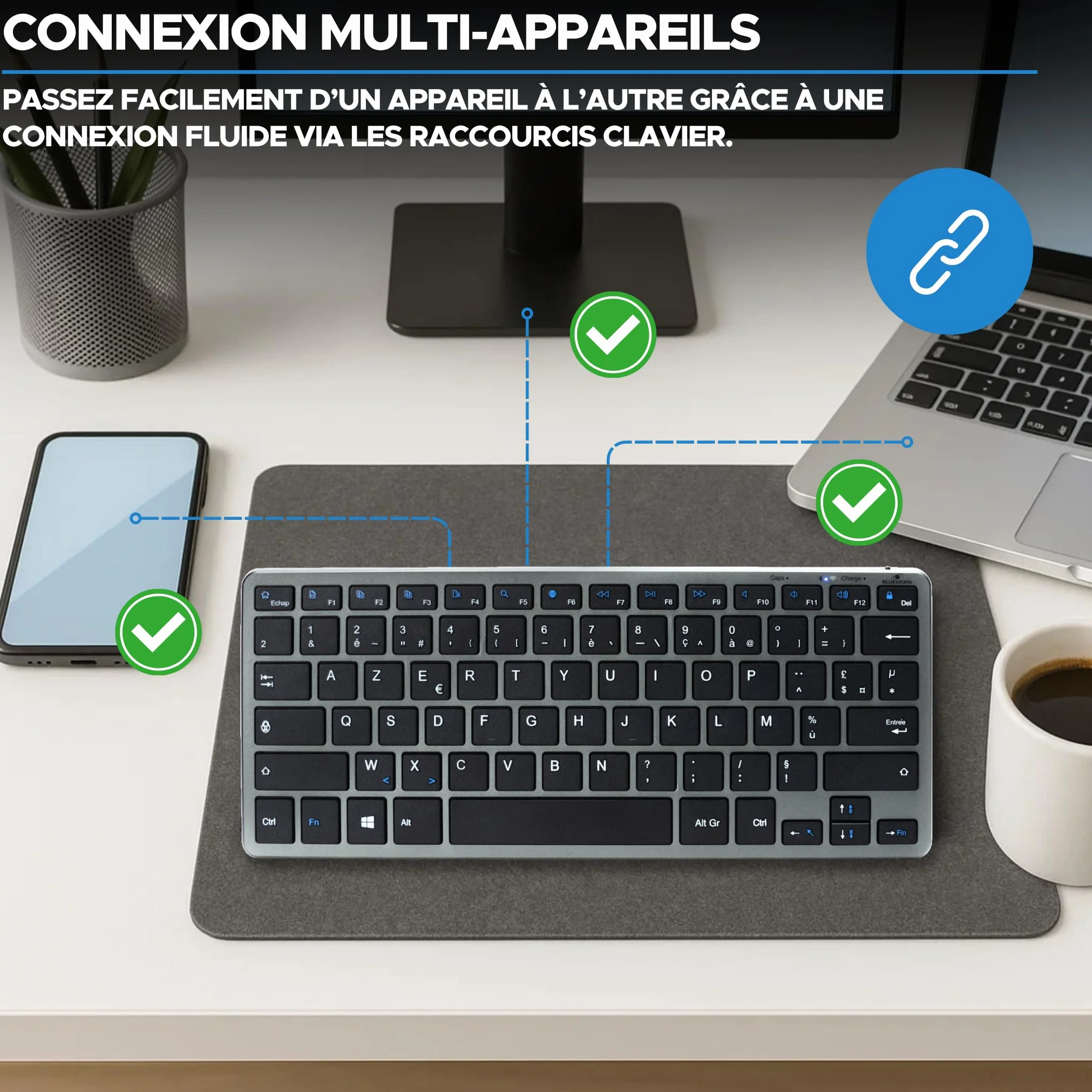 Bezprzewodowa klawiatura Bluetooth mini Azerty cicha lekka 90h ładowalna USB C 14 skrótów multimedialnych biała