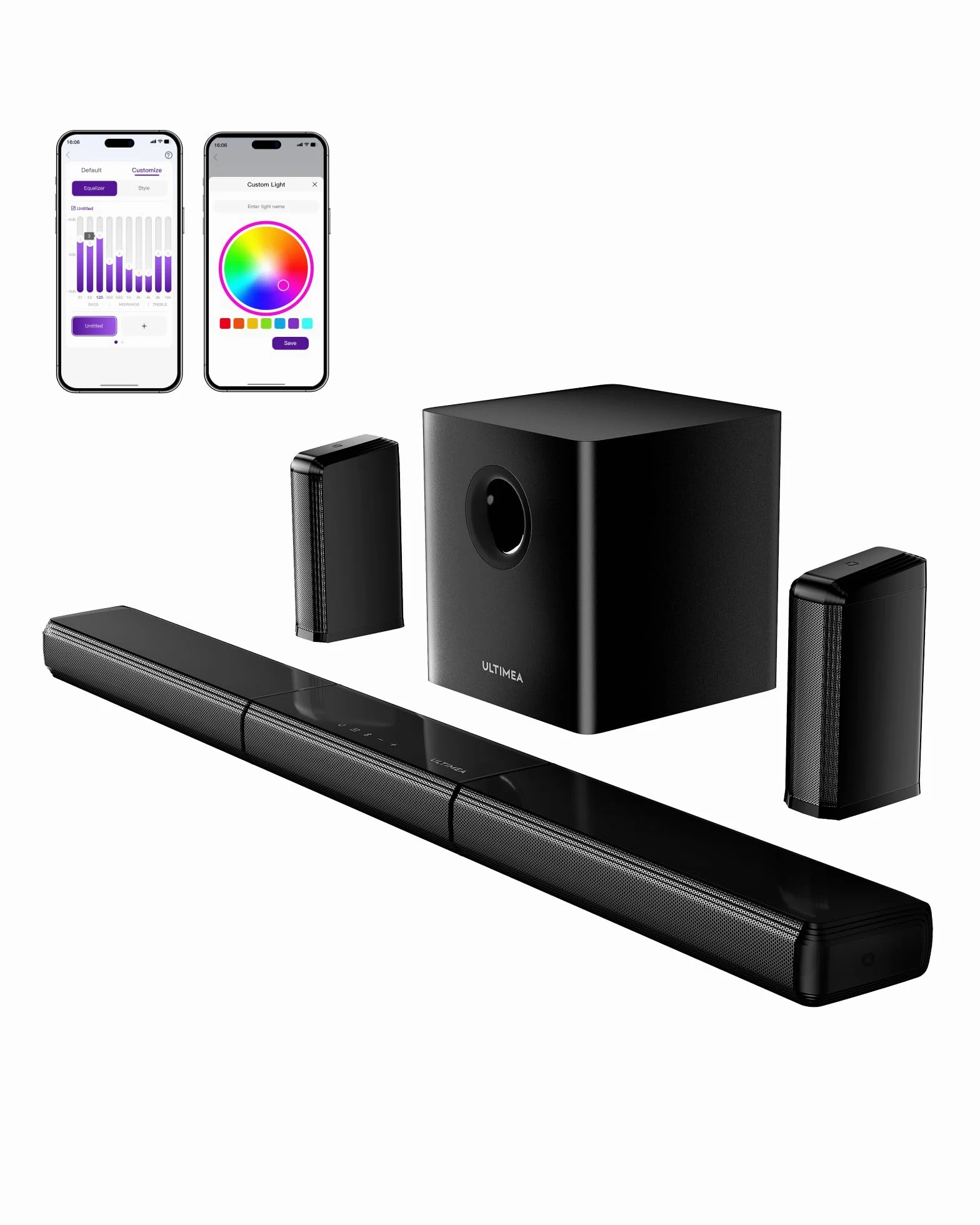 ULTIMEA 7.1ch Virtual Surround Sound Bar, soundbar do telewizorów z 2 głośnikami Surround, system dźwięku przestrzennego do telewizorów ze światłem RGB, subwooferem 6,5", aplikacją, HDMI/Opt/AUX/BT,