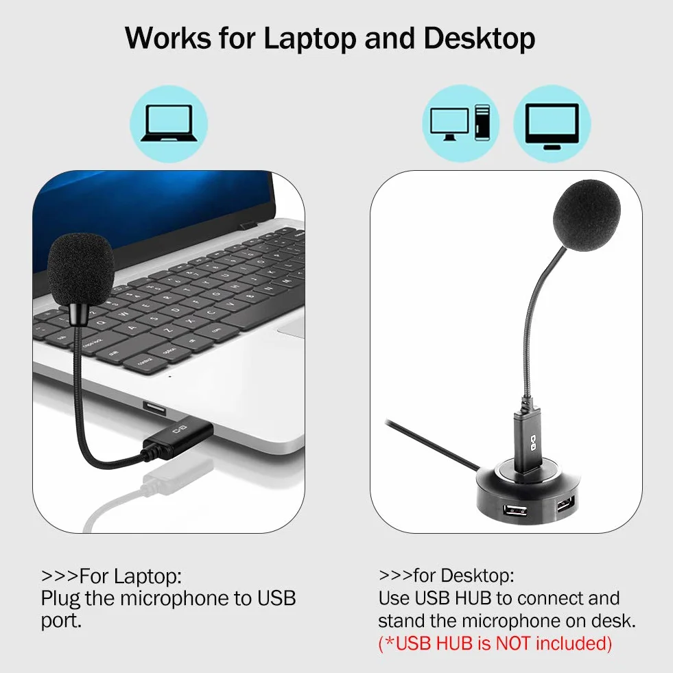 Bezprzewodowy mikrofon USB do laptopa i komputera stacjonarnego, z gęsią szyją i wbudowaną kartą dźwiękową, kompatybilny z Windows PC i Mac, mały rozmiar, Plug and Play, idealny mikrofon pojemnościowy
