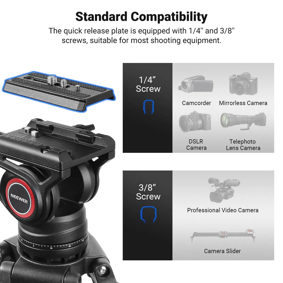NEEWER 74" Pro statyw wideo z głowicą fluidową, płyta QR kompatybilna z DJI RS Gimbals Manfrotto, wytrzymały statyw do aparatu z uchwytem teleskopowym, skalowana podstawa do lustrzanek cyfrowych,