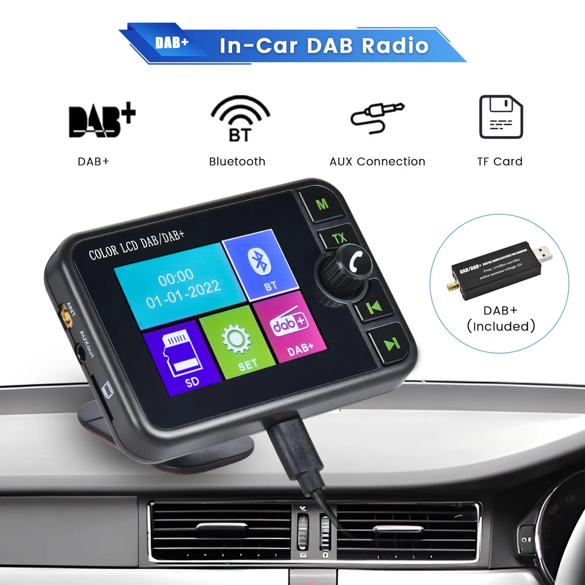 Głośnomówiący Bluetooth Dab+cyfrowy adapter radiowy, wyświetlacz LCD 2,4 cala, nadajnik FM, muzyka BT, interfejs AUX