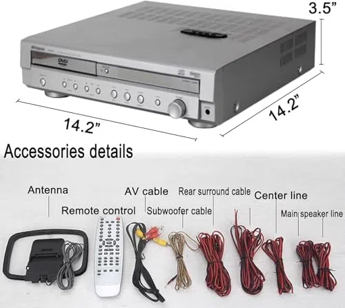 Wzmacniacz kina domowego z odtwarzaczem DVD i pilotem zdalnego sterowania, 5.1-kanałowy dźwięk przestrzenny, obsługuje USB, wyjście optyczne i koncentryczne, regulacja głośności do kina i użytku