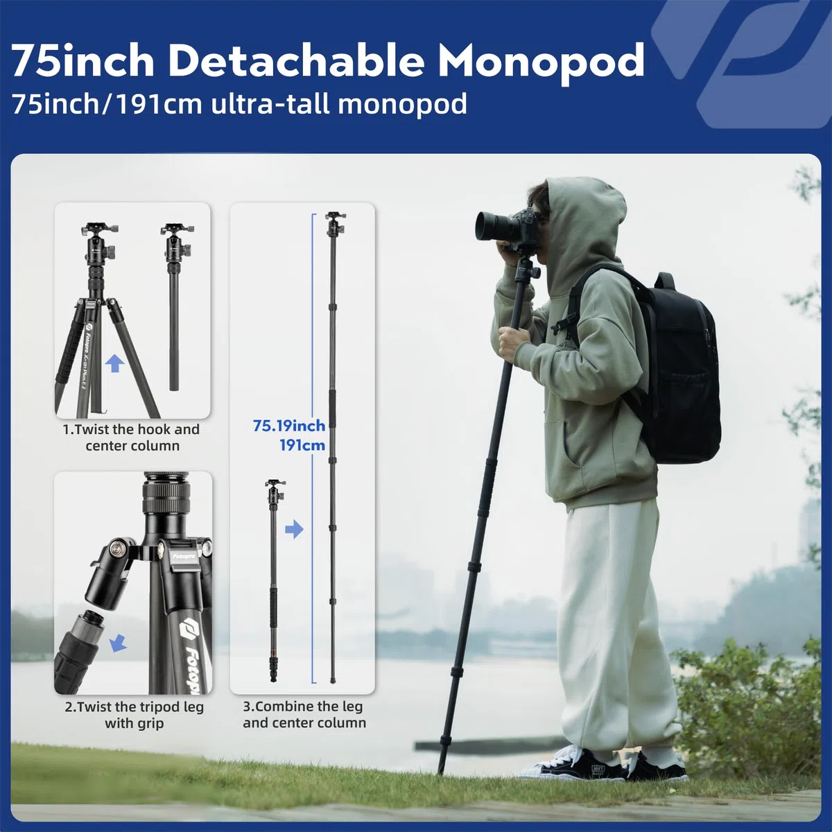 Fotopro Statyw z włókna węglowego 185 cm do aparatu, kompaktowy statyw podróżny z głowicą kulową, zdejmowany monopod z płytą szybkiego zwalniania i torbą na aparat, nośność do 10 kg, stojak