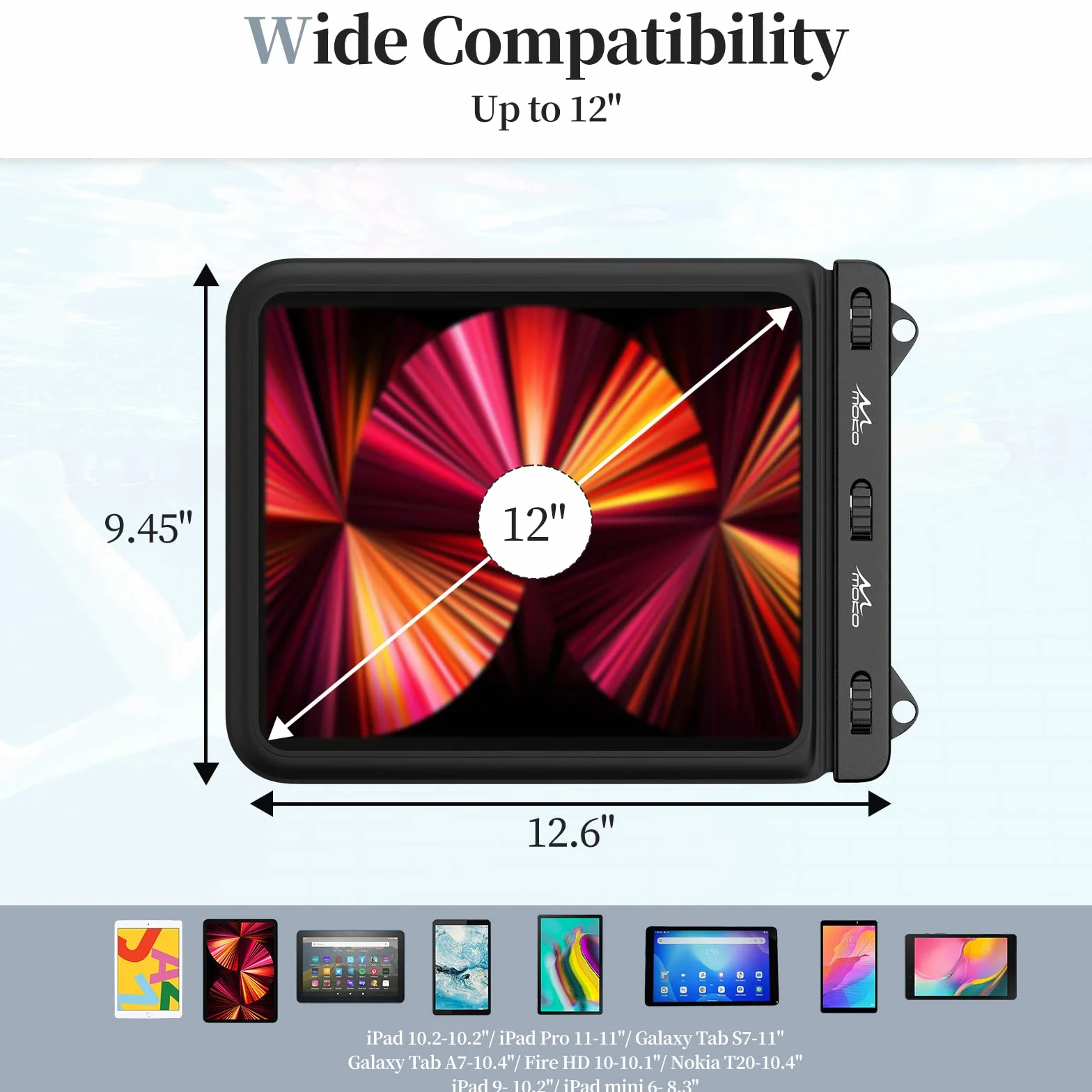 MoKo Waterproof Tablet Pouch Holder Dry Bag for Bathroom and Kitchen - Stand Case Compatible with iPad 9, Air 5, Pro 11, 10.2, Galaxy Tab S6/S7, A 10.1, S 10.5, Fire HD 10