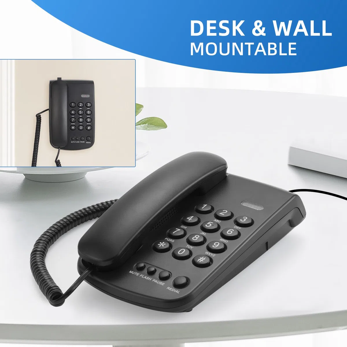 Telefon stacjonarny, czarny przewodowy telefon stacjonarny do domu, telefon biurowy, telefon domowy z klawiszami funkcyjnymi/regulowana głośność do biura/hotelu