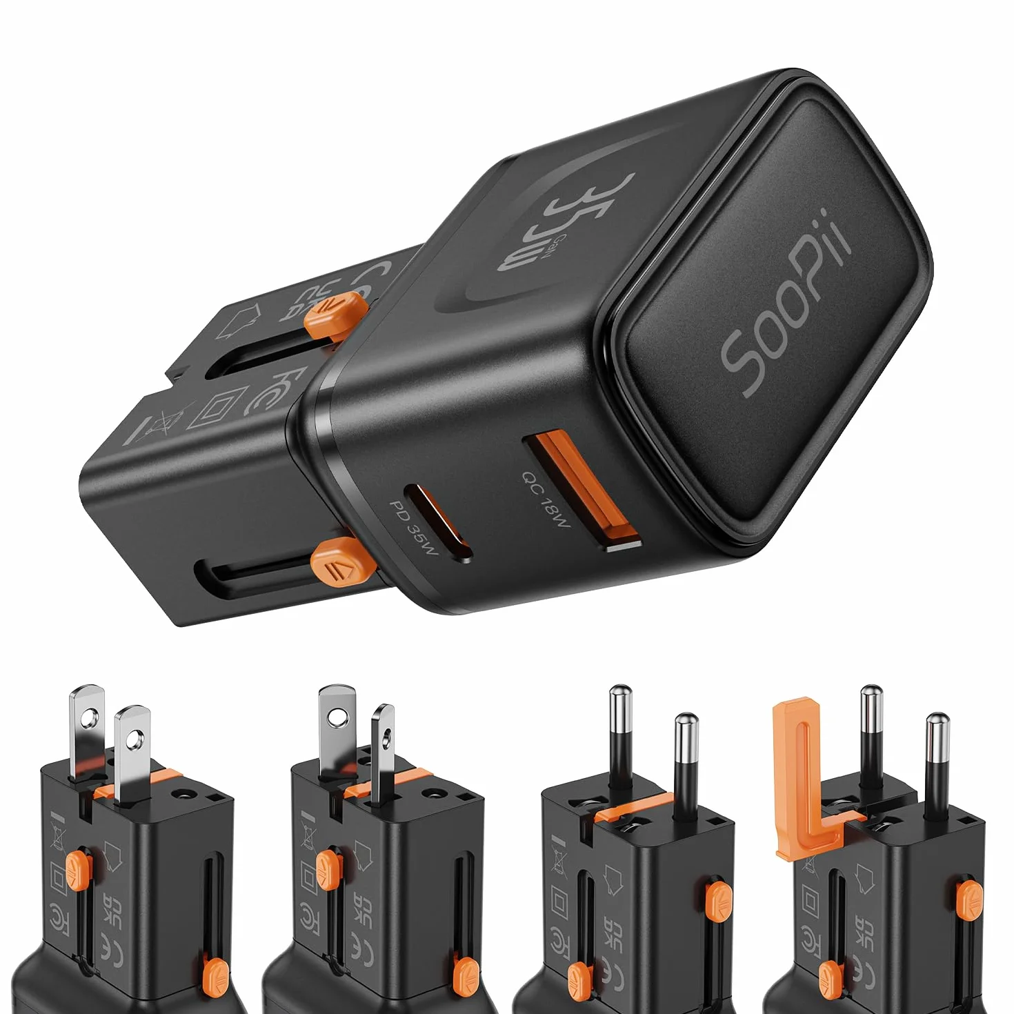 SooPii GaN Uniwersalna ładowarka ścienna, uniwersalna ładowarka podróżna z portem PD 35 W i portem QC 18 W, międzynarodowy zasilacz z wtyczką US UK EU AU do iPhone'a 16/15, Galaxy S25/S24, iPada i