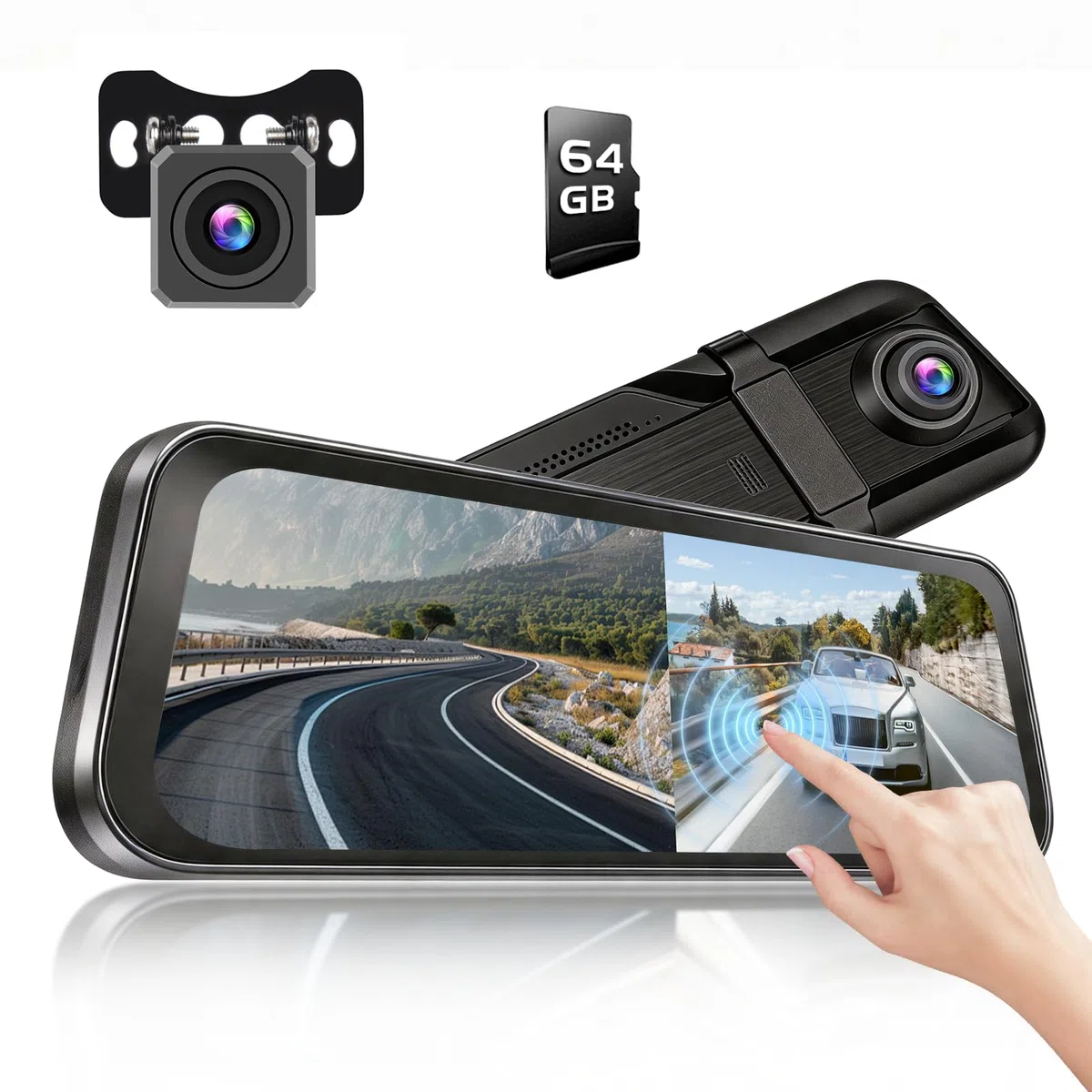 Lustro na deskę rozdzielczą 9,7" z kamerą cofania, kamera samochodowa z ekranem dotykowym IPS, Dual Dash Cam, nagrywanie w pętli i czujnik G, szeroki kąt, widoczność w nocy, lusterko wsteczne z kartą