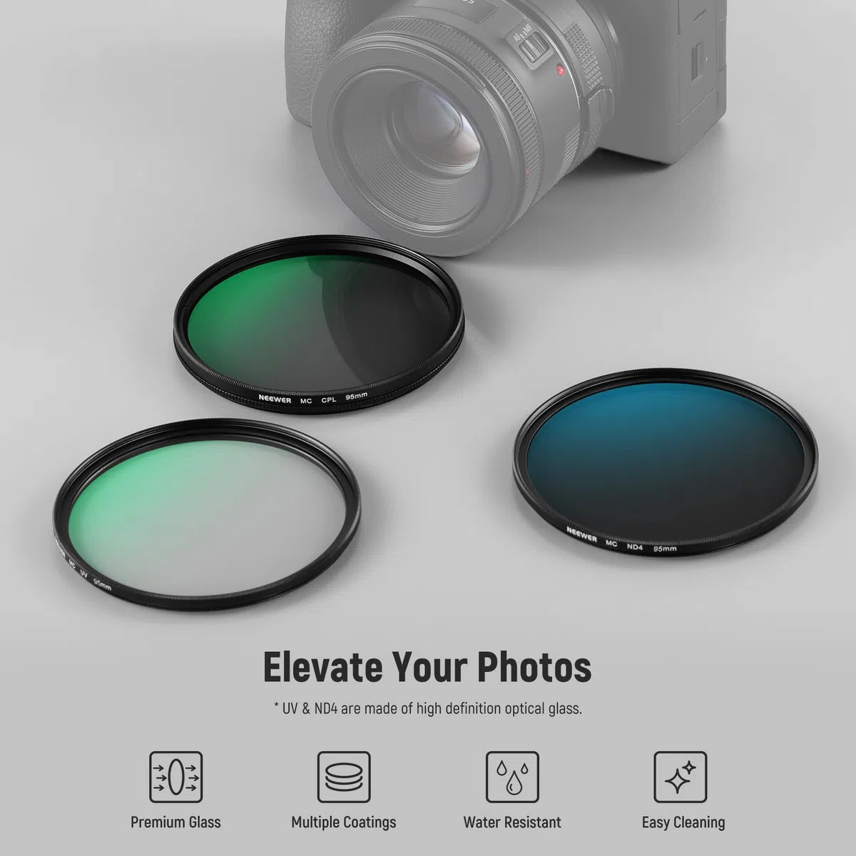 NEEWER Zestaw filtrów UV CPL ND 95 mm z twardą obudową do przechowywania, wielowarstwowe szkło optyczne i rama ze stopu aluminium, polaryzacja kołowa UV (CPL) + filtr o neutralnej gęstości (ND4) do