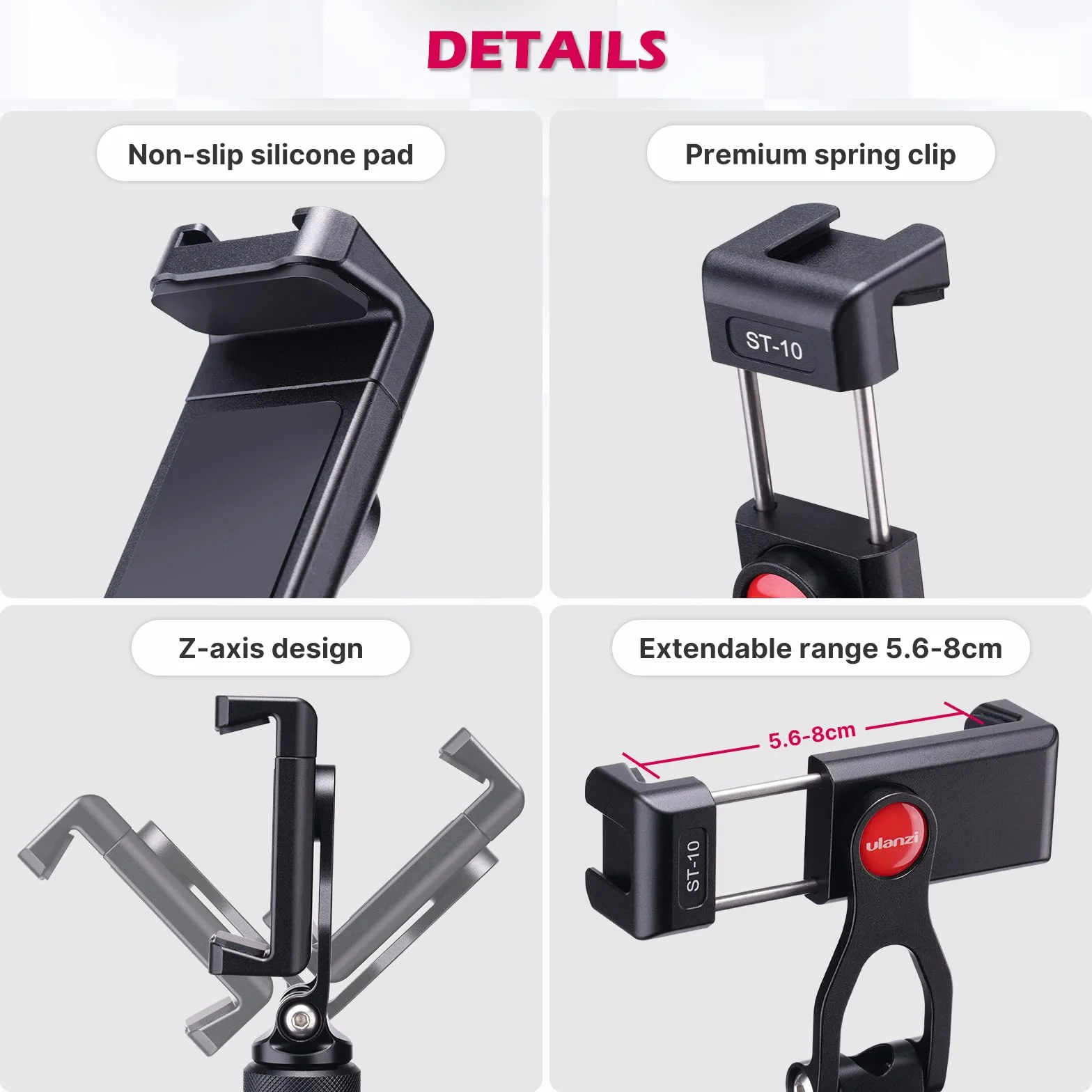 ULANZI Metalowy statyw do telefonu ST-10, uniwersalny adapter do smartfona 360° z 2 uchwytami na zimną stopkę, regulowany uchwyt zaciskowy do telefonu komórkowego, kompatybilny z iPhone, Samsung