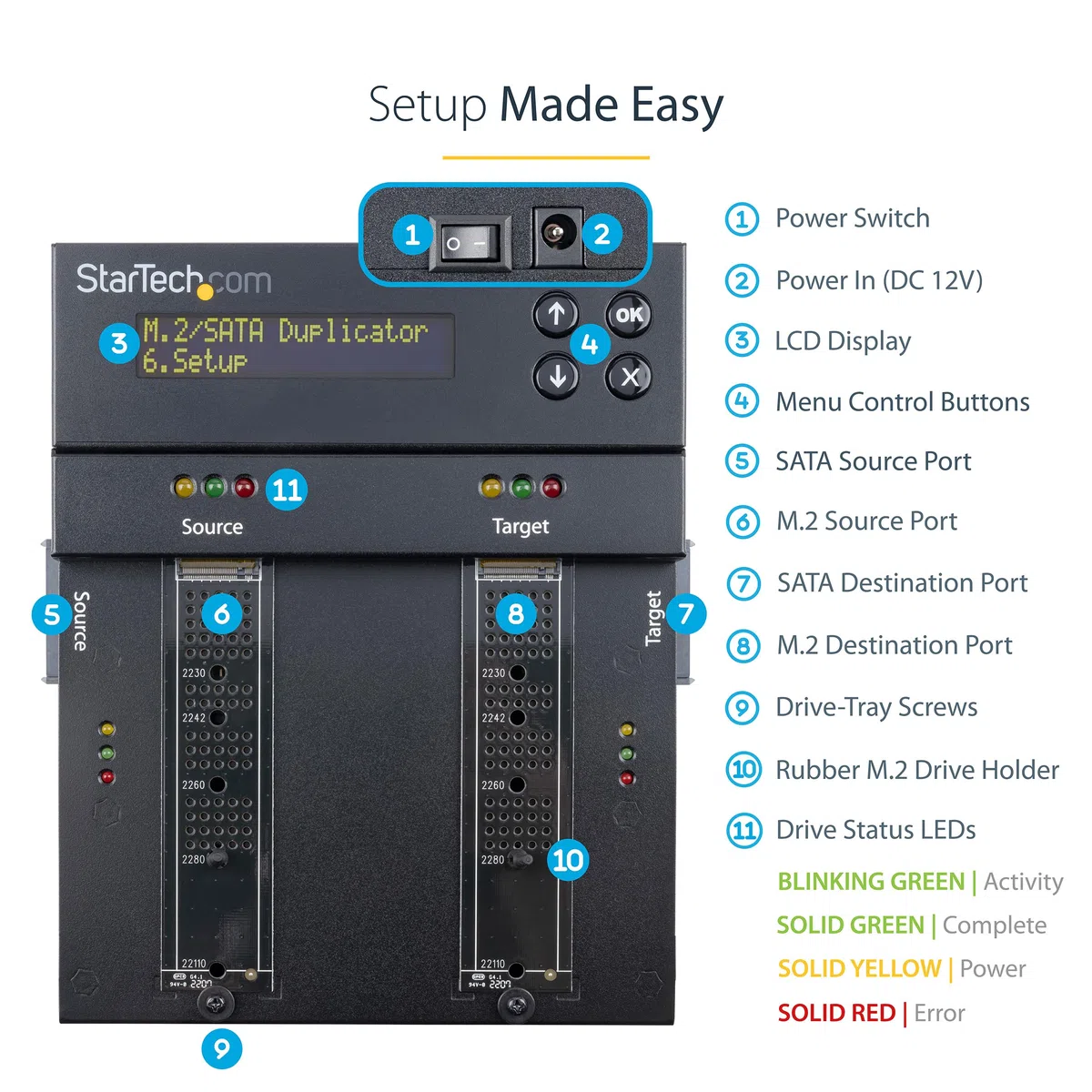 StarTech.com Samodzielny duplikator i gumka M.2 SATA i M.2 NVMe - kloner/wycieraczka HDD/SSD do M.2 PCIe AHCI/NVMe, M.2 SATA, 2,5/3,5-calowych dysków SATA - zewnętrzny dysk twardy gumka/duplikator,