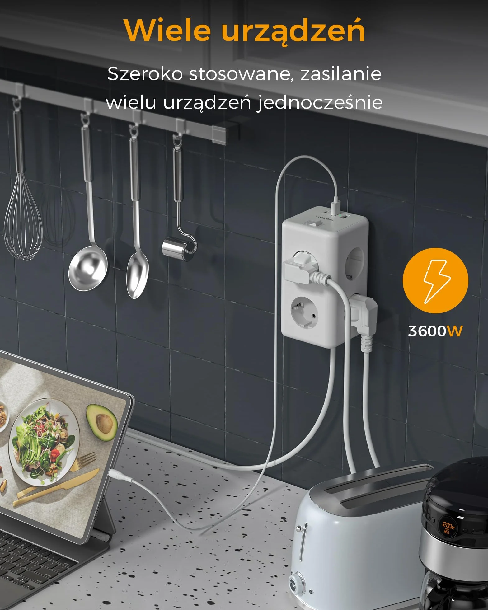TESSAN Listwa zasilająca USB C, 9 w 1 przedluzacz elektryczny z 3 USB porty, listwy zasilające z wyłącznikami, przedłużacz elektryczny 2M, listwa USB do domu, biura, 3600W, szaro biały