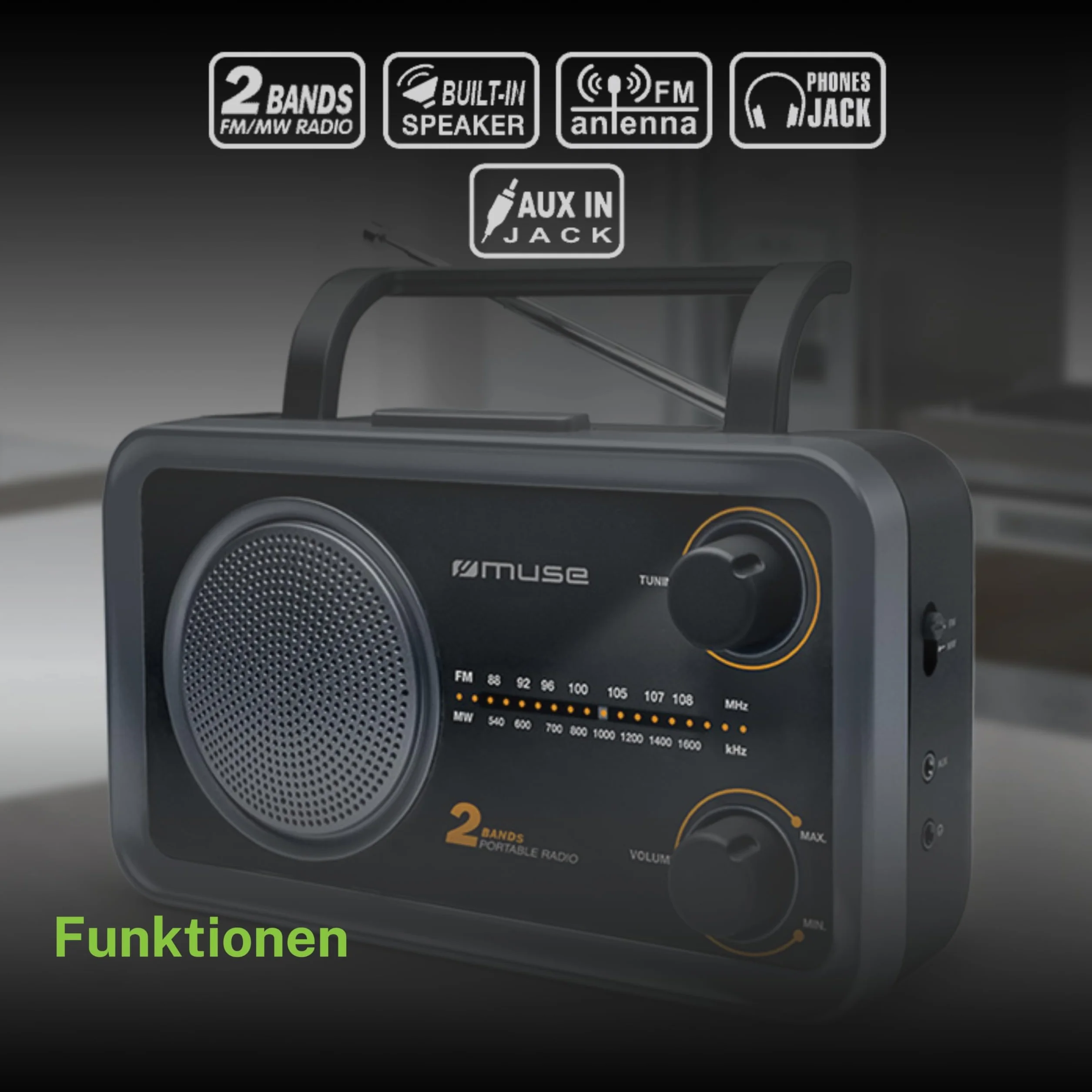 Muse M-06 DS radio kuchenne (FM, MW) radio, zasilanie sieciowe i bateryjne, AUX-In do telefonu komórkowego, czarne