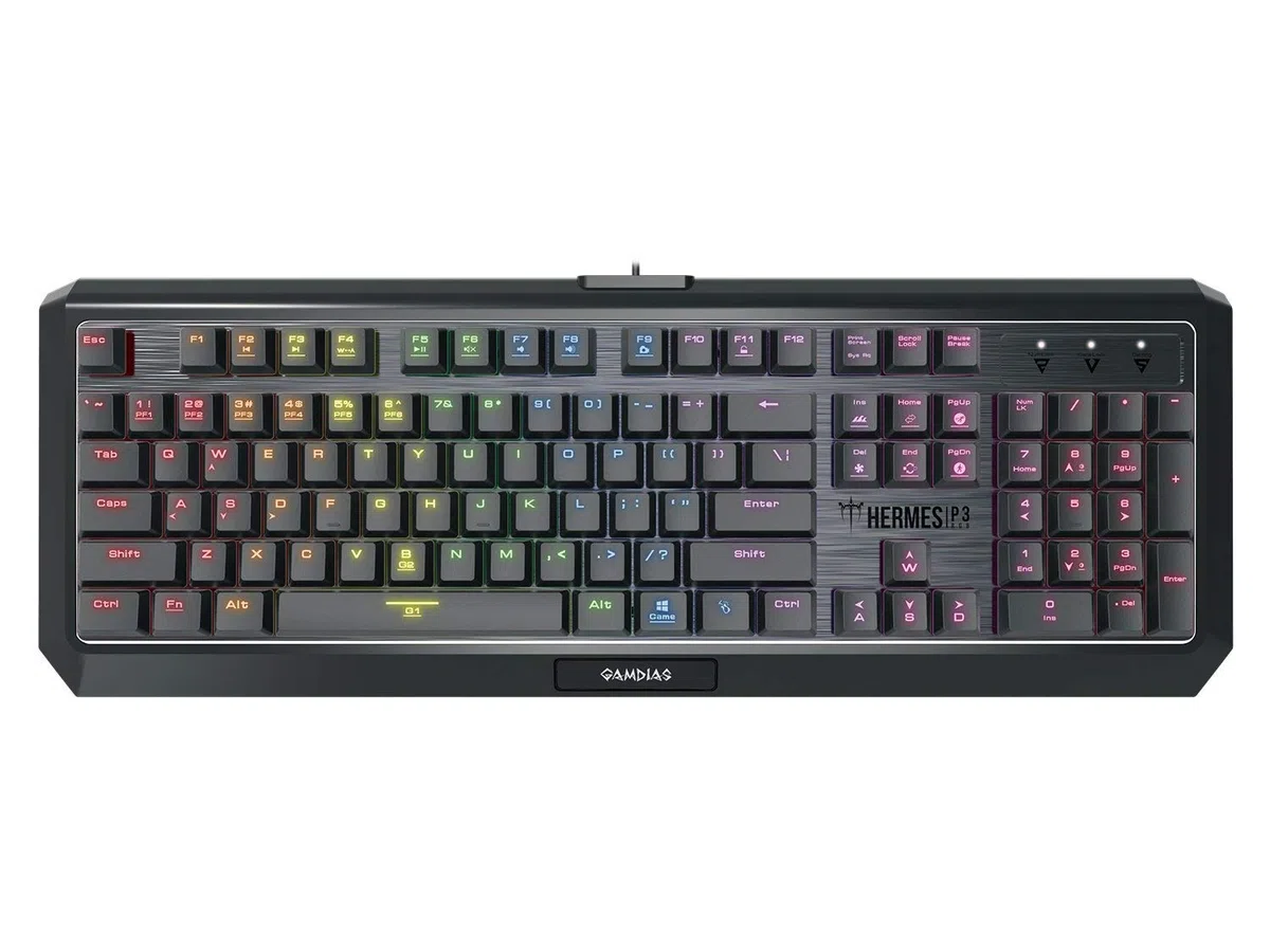 GAMDIAS Hermes P3 Black mechaniczna klawiatura USB Gaming 104 klawisze Low Profile RGB Switches niebieskie podświetlenie klawiatury układ UK