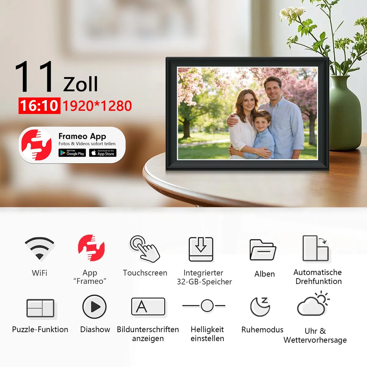 64 GB FRAMEO 10,5 cala cyfrowa ramka na zdjęcia WiFi Smart 1920 x 1280 FHD ekran dotykowy IPS, automatyczne obracanie, obsługa kart SD na dysku USB, 2,4/5 GHz, sterowanie aplikacją za pomocą