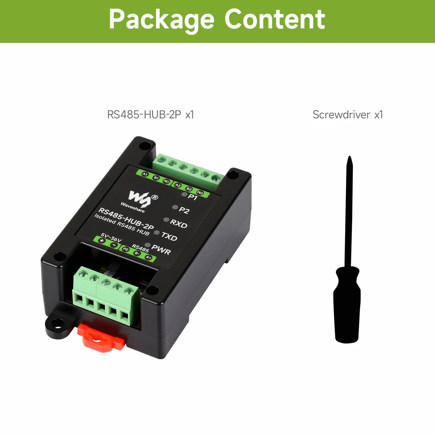 Waveshare Industrial-Grade Isolated 2-Channel RS485 Hub, Rail-Mount Support, Wide Baud Rate Range, Expands 2-ch RS485 Sub Ports Via 1-ch RS485 Master Port, with Isolation and Signal Relay
