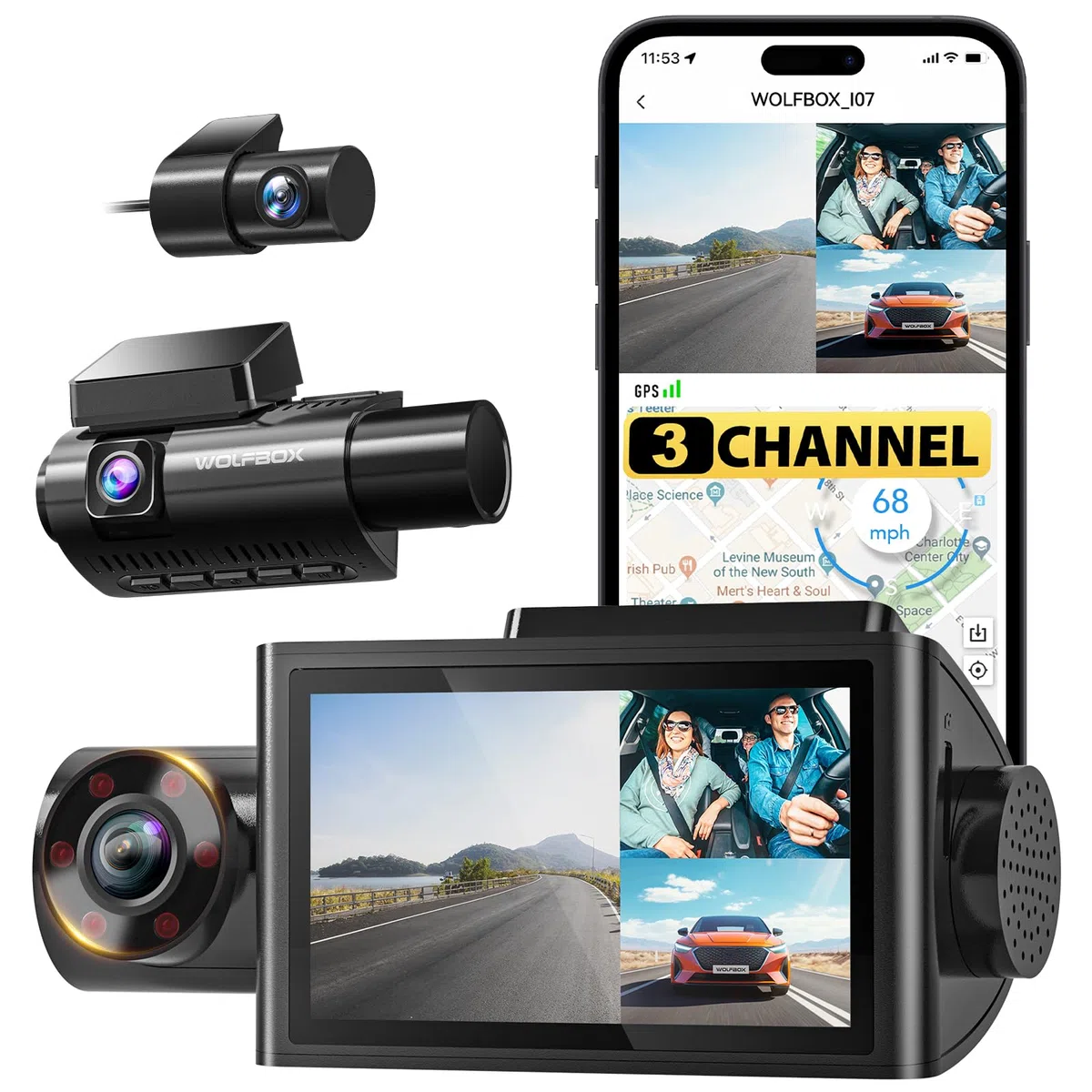 WOLFBOX i07 Kamera samochodowa, 3-kanałowa z WiFi GPS, 4K+1080p, z przodu i wewnątrz, 2.5K+1080p, 3" LCD super IR noktowizor,24-godzinny monitor parkowania, maks 512 GB"}