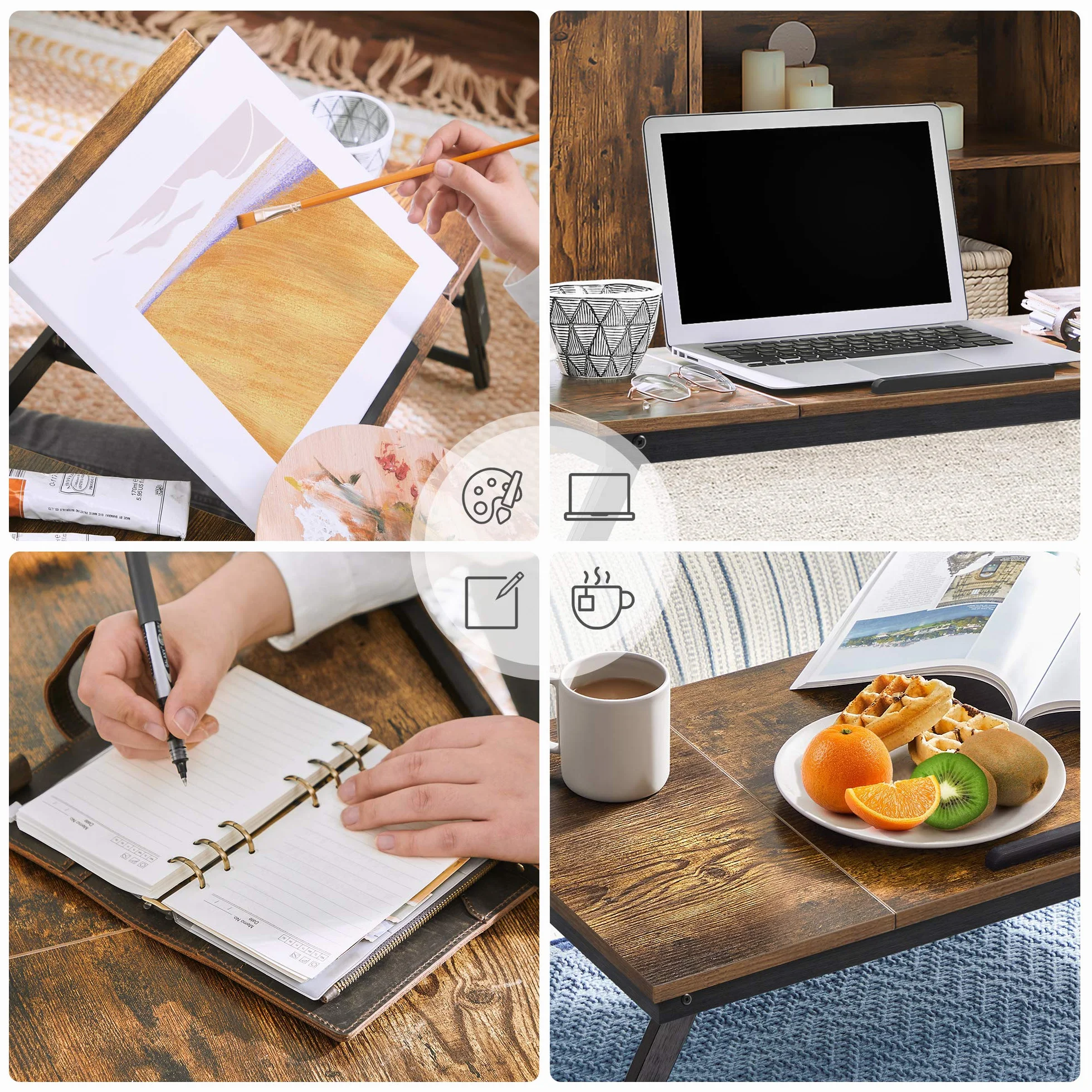 SONGMICS stolik pod laptopa, stojak na laptopa, stolik pod notebooka, taca śniadaniowa, składane nogi, z regulacją wysokości, na łóżko i sofę, do laptopów o przekątnej do 14,3", 71 x 35 x 23 cm, brązowy vintage LLD110B01