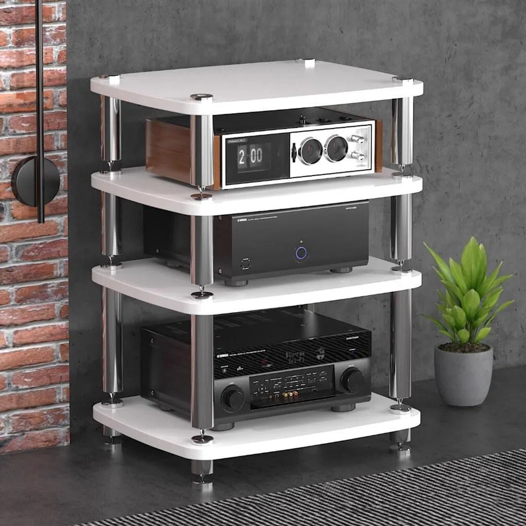 4-warstwowy stojak na szafkę audio HIFI – stojak na płyty MDF z amortyzującymi nóżkami, półka wzmacniacza mocy, solidne przechowywanie sprzętu dla audiofilów i domowej rozrywki.