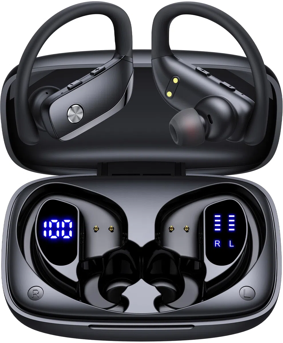 Sportowe słuchawki douszne Bluetooth, bezprzewodowe słuchawki douszne z odtwarzaniem 80 h, podwójny wyświetlacz LED, haczyk na ucho z mikrofonem, dźwięk stereo, łatwe sterowanie przyciskiem, sportowe