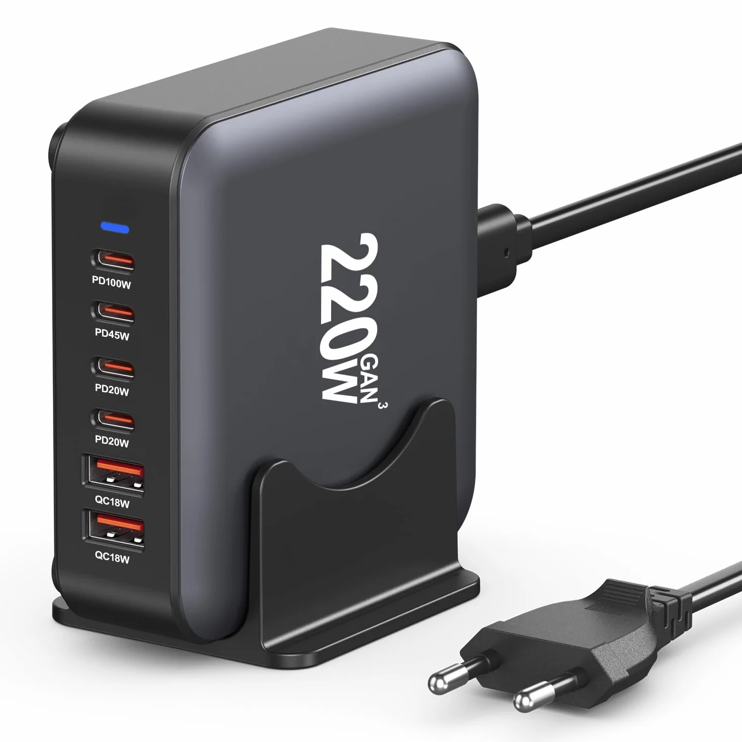 Ładowarka USB C, 6-portowa stacja ładująca 220 W, 【4 USBC + 2 USBA】 Hub szybki kompaktowy adapter zasilania GaN, zasilacz PD USB-C + ładowarka QC kompatybilna z iPhone/iPad/Samsung/Laptop