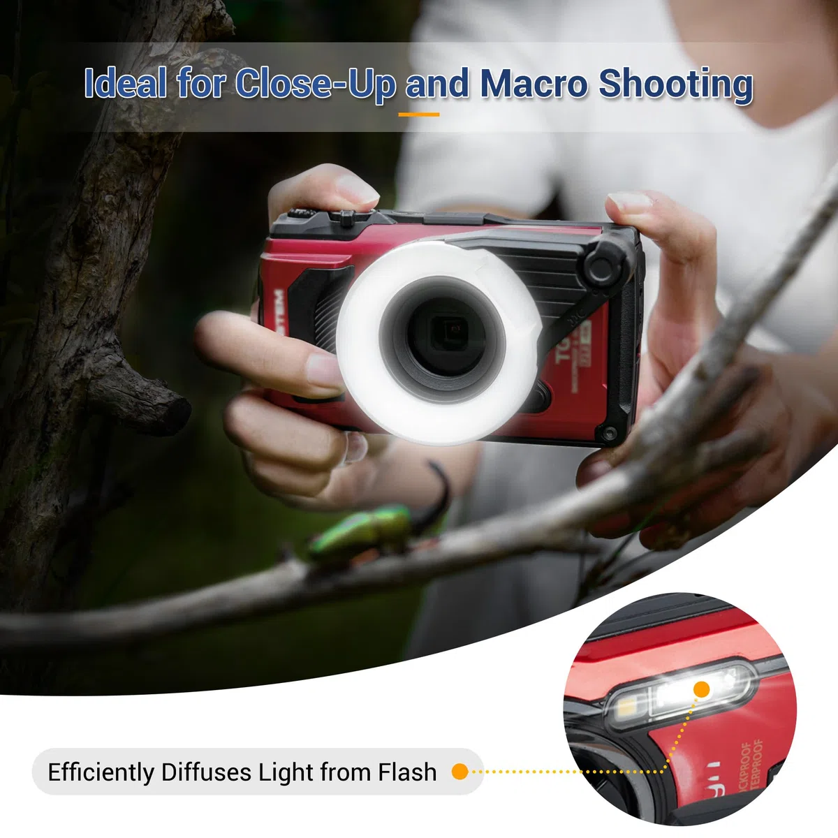 JJC Dyfuzor lampy błyskowej FD-1 do kamer Olympus Tough TG-7 TG-6 TG-5 TG4 TG3 TG2 TG1, obsługa w pełni rozproszonego i półotwartego światła dyfuzyjnego, dedykowany pierścień dyfuzora błyskowego