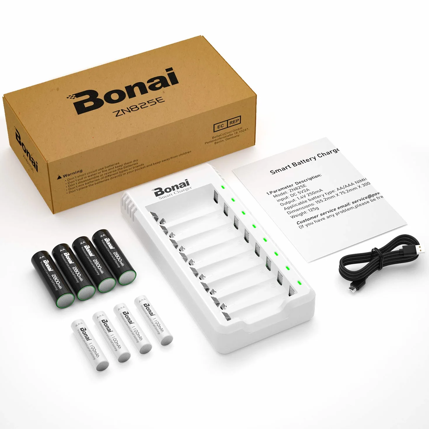 BONAI Ładowarka do akumulatorów 8 gniazd AAA AA Micro USB 2800 mAh 1100 mAh