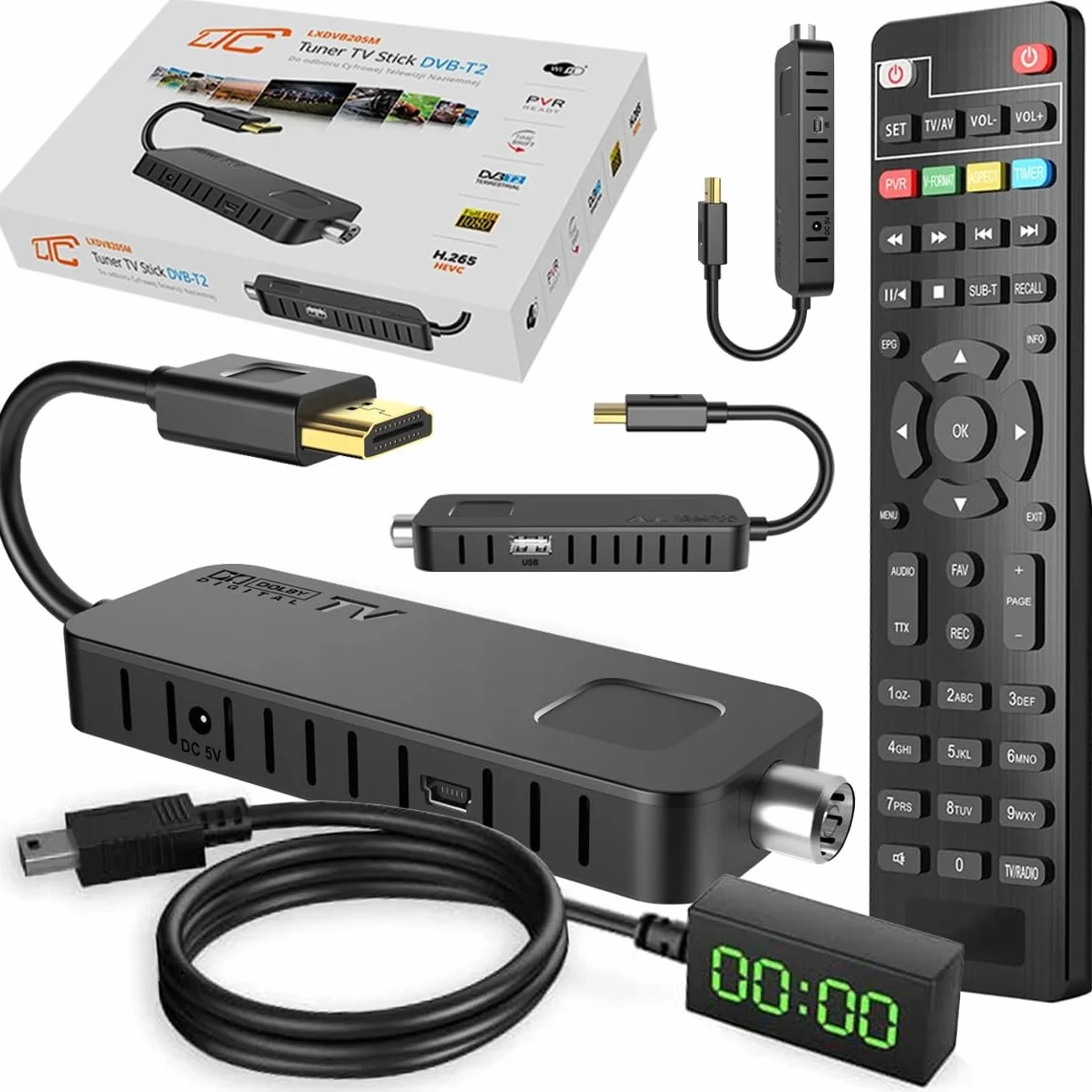 LTC Mini DVB-T2 HD Stick Receiver, H.265 HEVC dekoder, Full HD 1080p, programowalny pilot zdalnego sterowania 2 w 1, nagrywanie PVR, USB, HDMI, czujnik podczerwieni, czarny