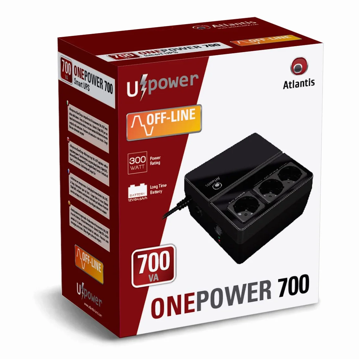 Atlantis OnePower 700 UPS OffLine 700VA/300W, 3 gniazda Schuko, 1 bateria 12V 4.5Ah [Polski]
