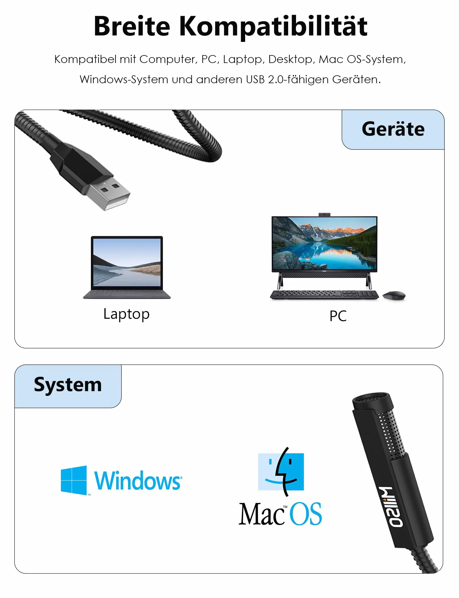 MillSO Mikrofon USB wielokierunkowy pojemnościowy z elastyczną szyjką regulowaną 360° do laptopa PC