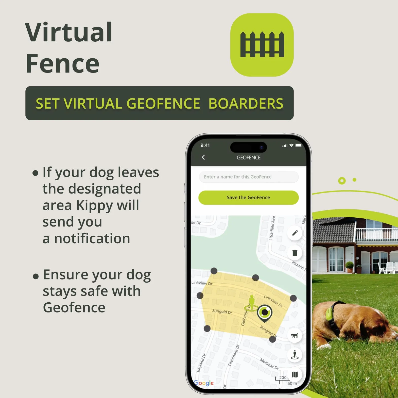 Kippy GPS per Cani Localizzatore Impermeabile con Recinto Virtuale e Notifiche Verde