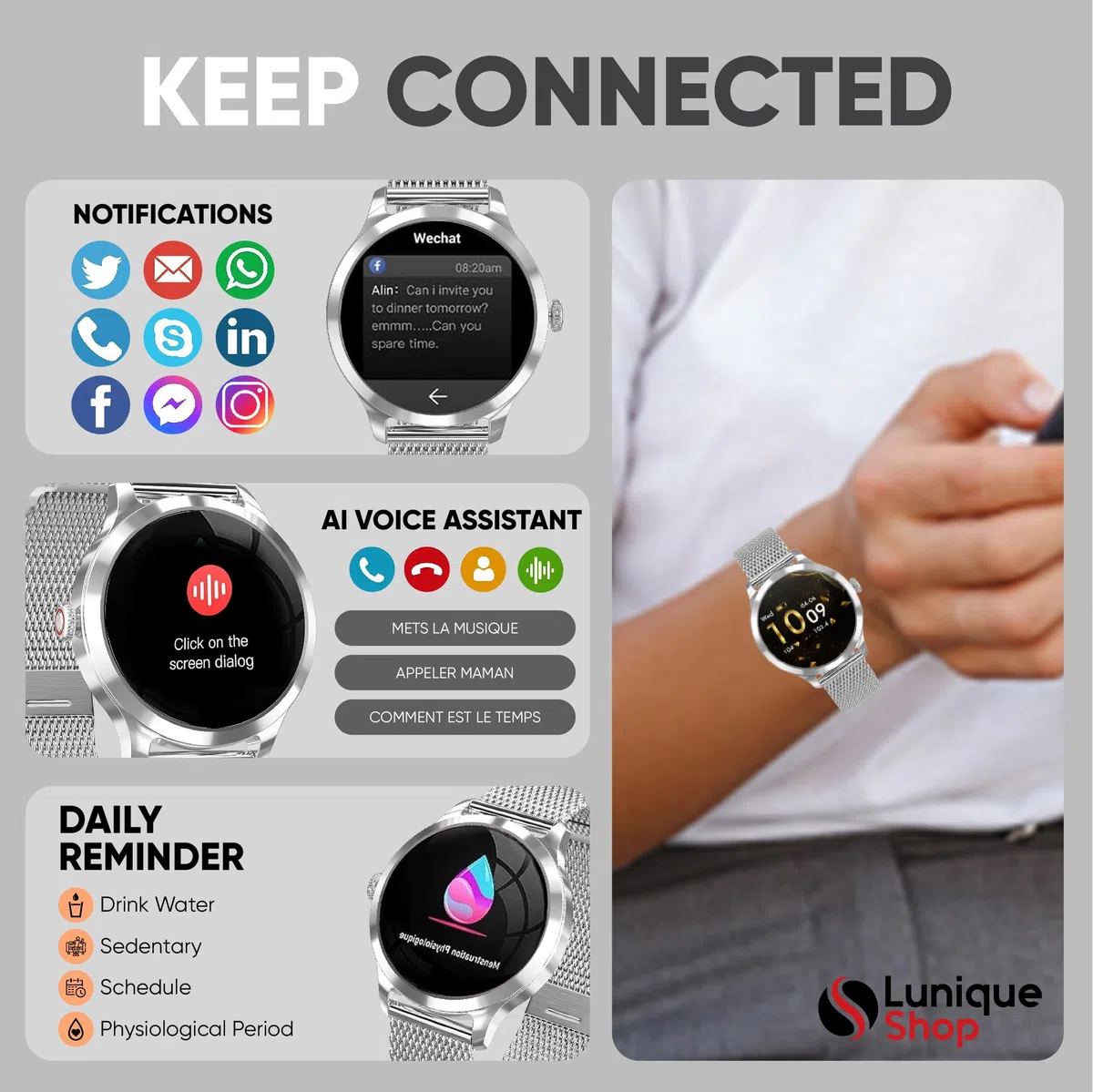 Round 2 Smartwatch damski z funkcją telefonu, asystent głosowy, mały, okrągły, 1,19" SpO2, monitor tętna, monitor ciśnienia krwi, monitor snu, Whatsapp, zegarek damski z systemem
