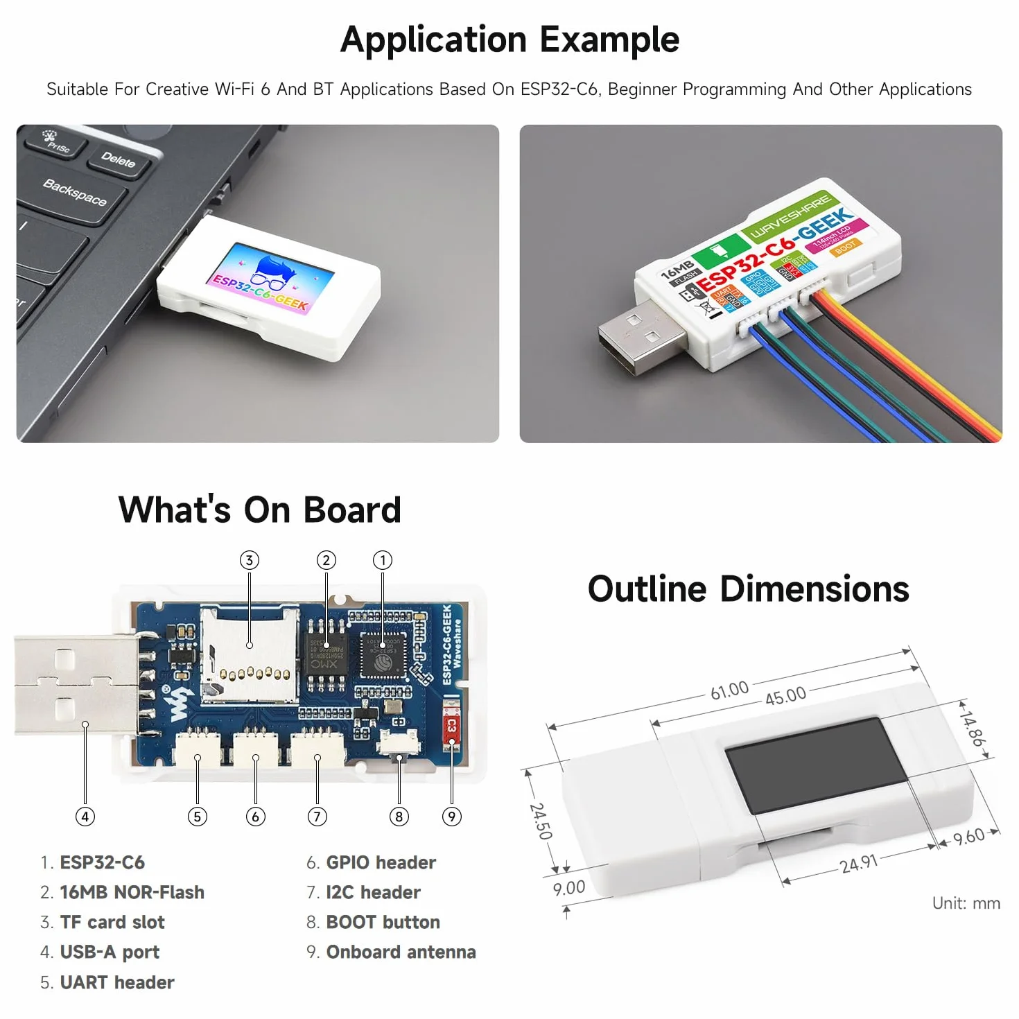 Waveshare ESP32-C6 GEEK Development Board, With 1.14inch 65K Color LCD Display, 240x135 Resolution, Supports 2.4GHz Wi-Fi 6 And BLE 5, USB-A Male Port, With White Plastic Case